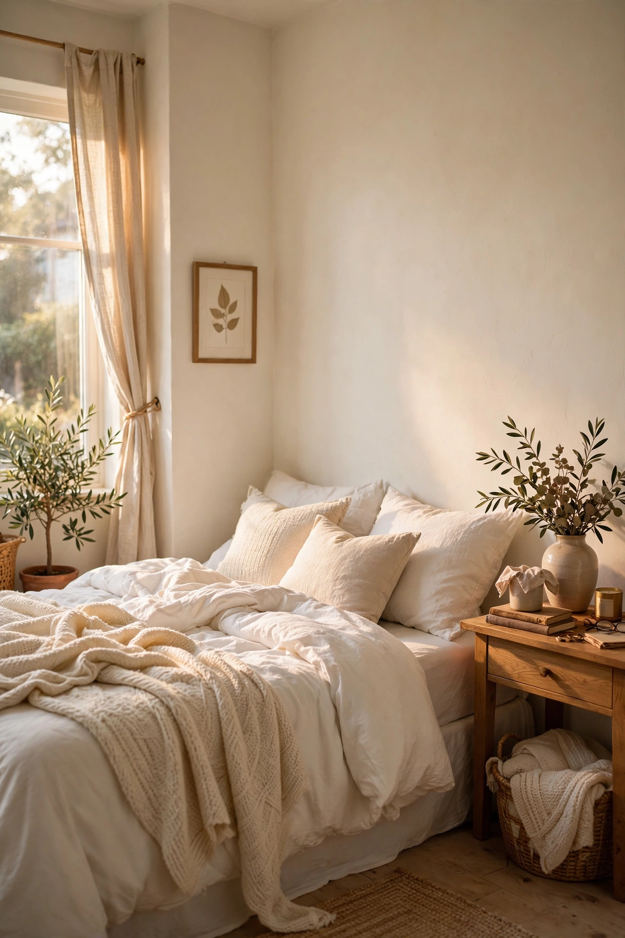 Bedroom walls painted in creamy warm white with soft natural light