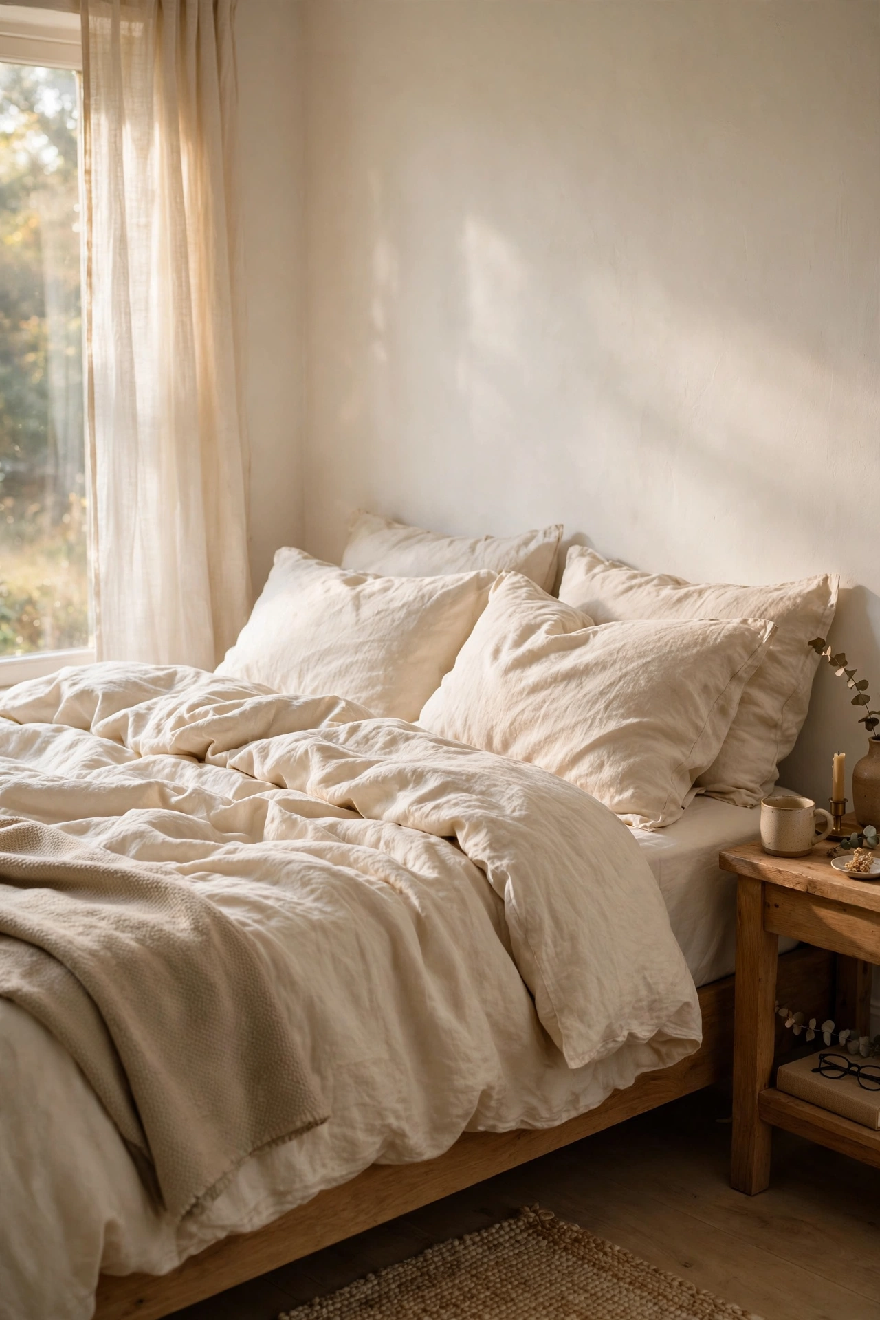 Cream linen-look duvet cover set on a bed in a warm white bedroom