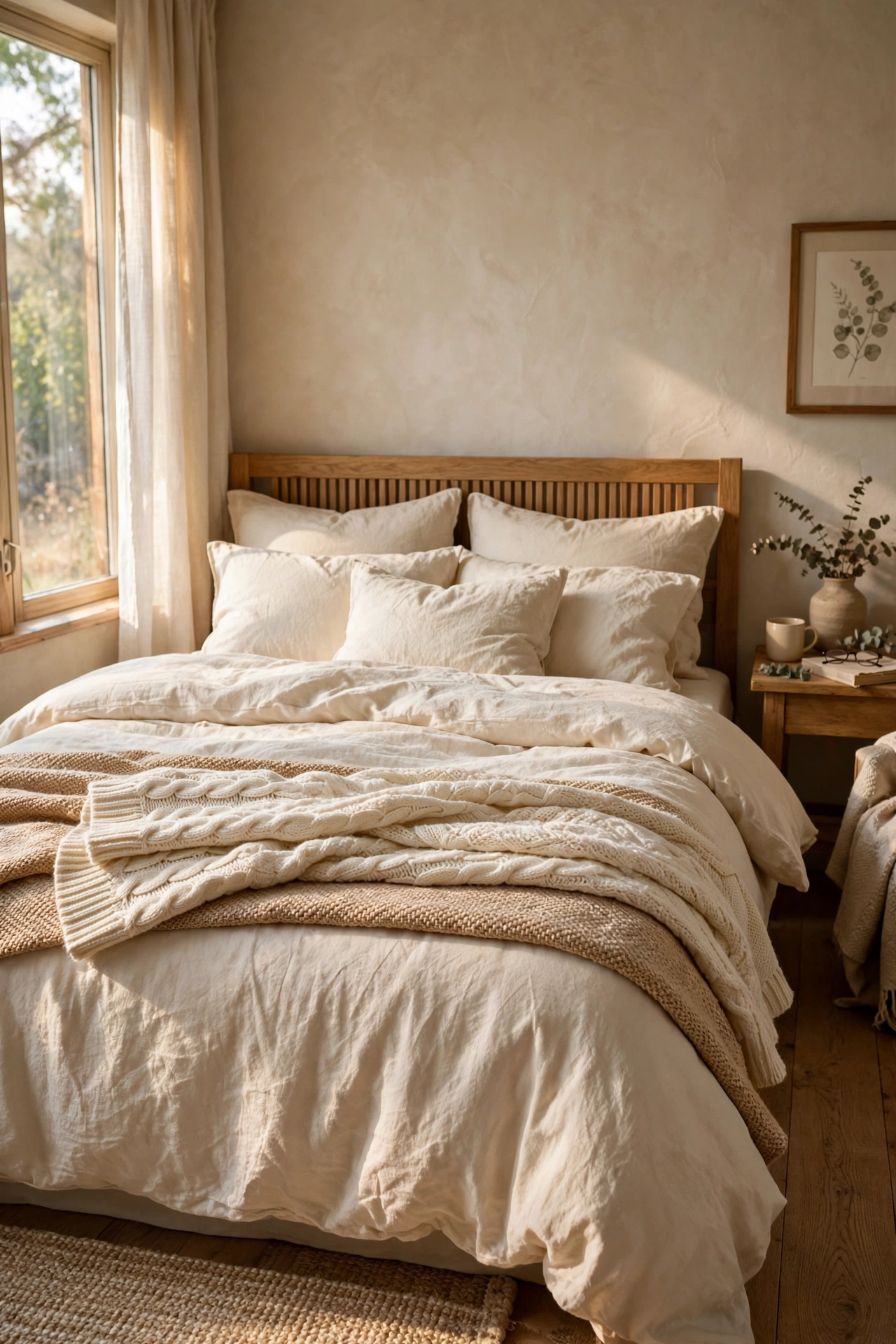 Ivory and oat throws layered in offset folds at the foot of a bed