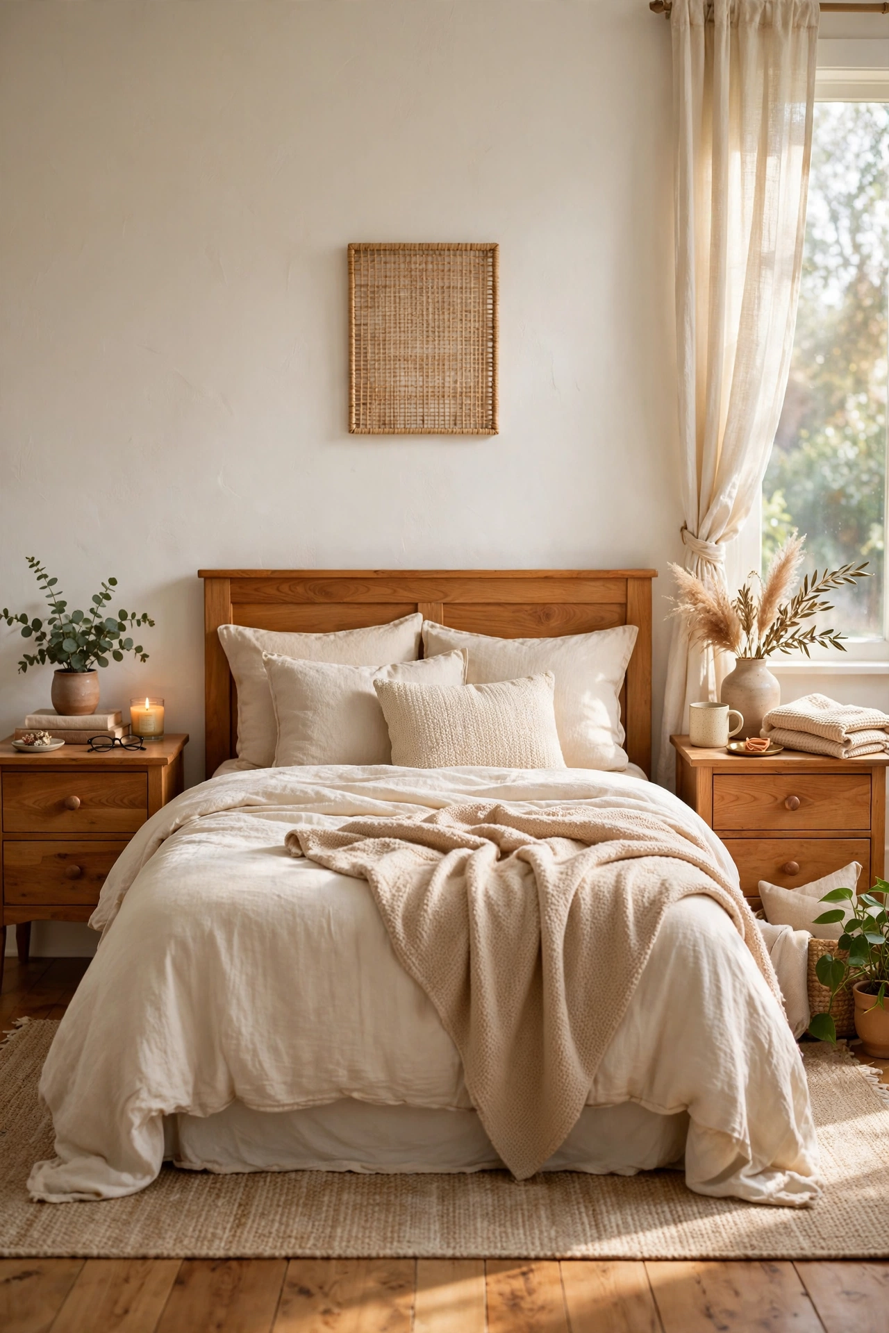 Honey-oak wood nightstands with cream lamps beside a warm white bed