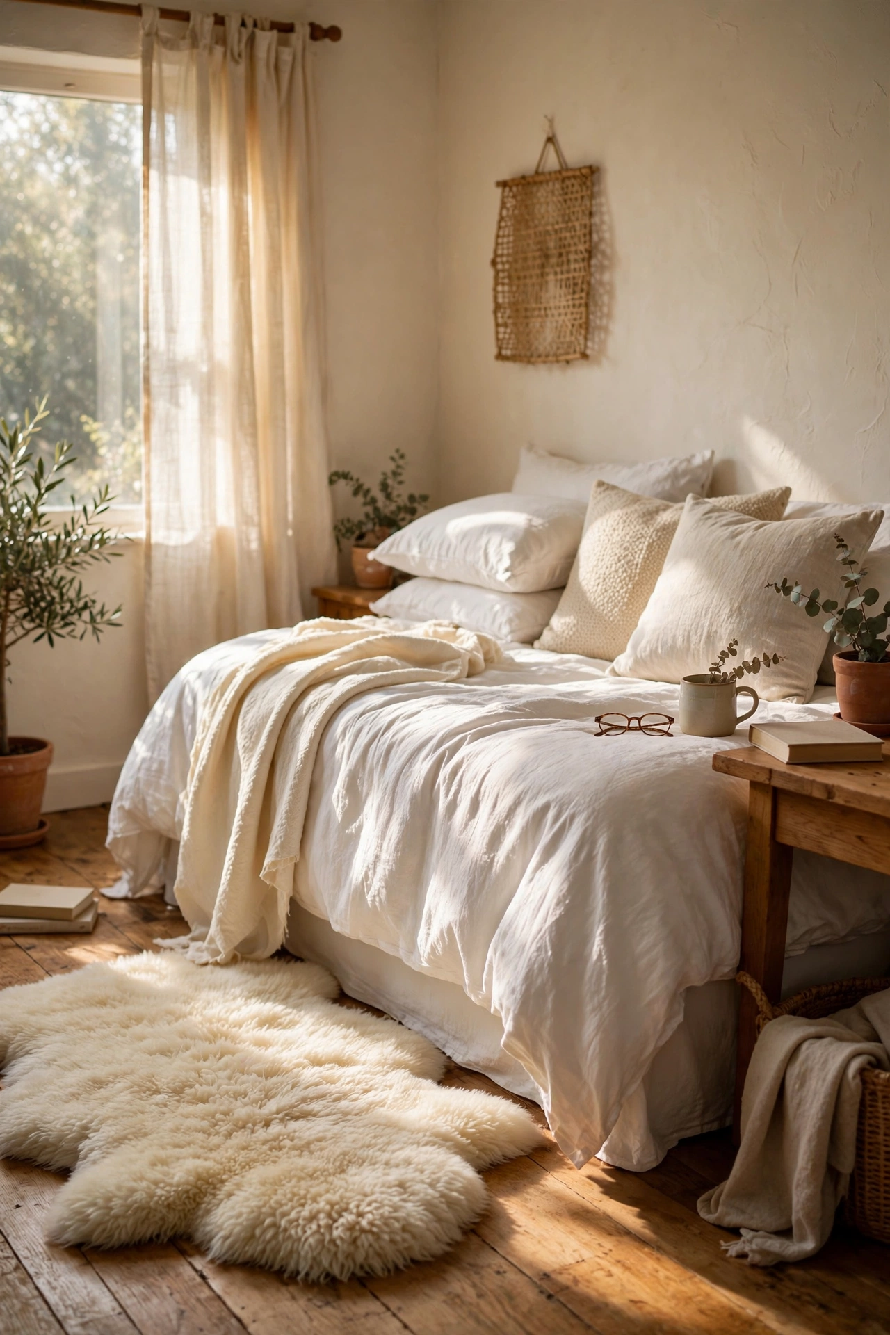 Cream faux sheepskin rug beside a bed in a warm white bedroom