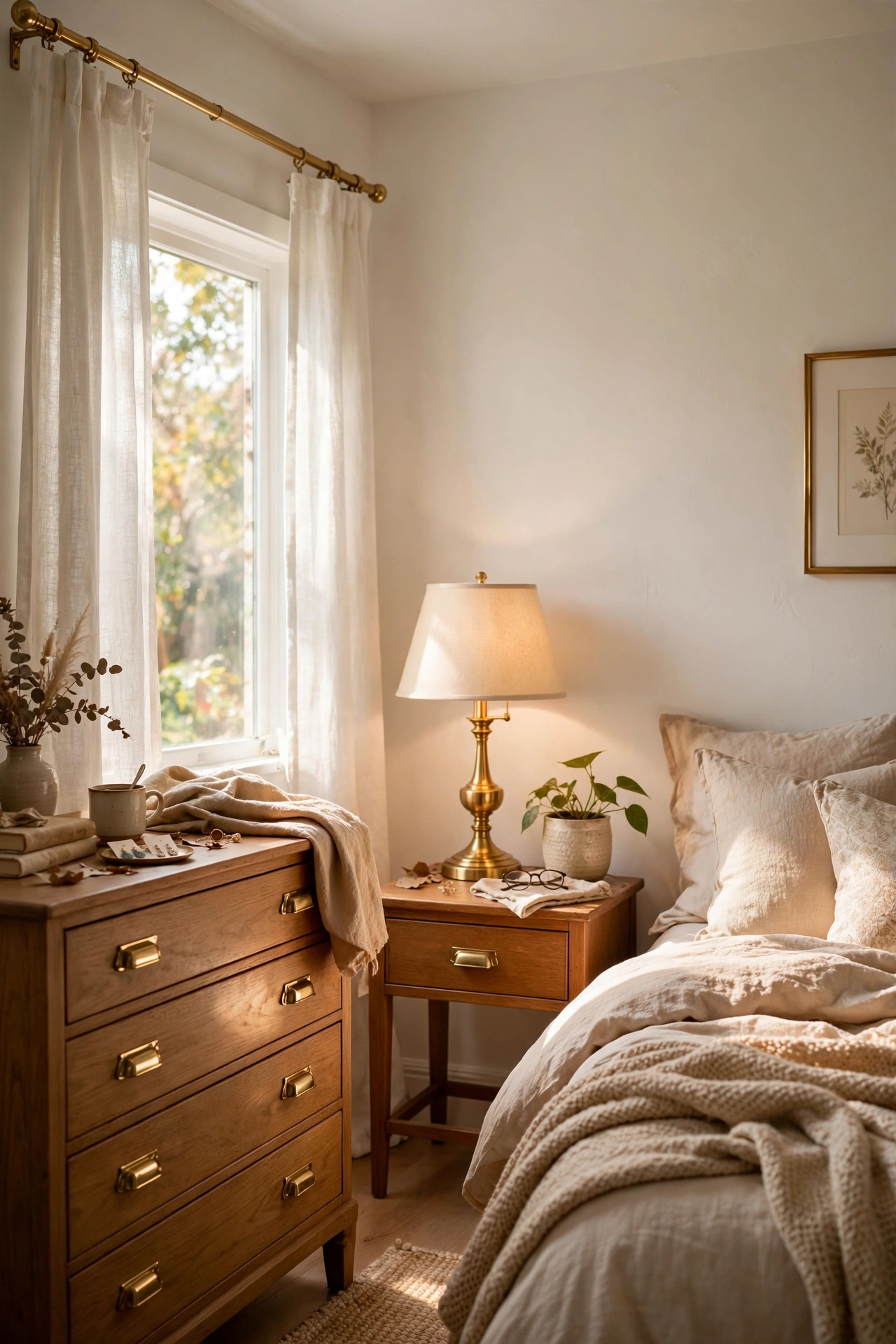 Brass curtain rod, lamp and drawer pulls glowing in a warm white bedroom
