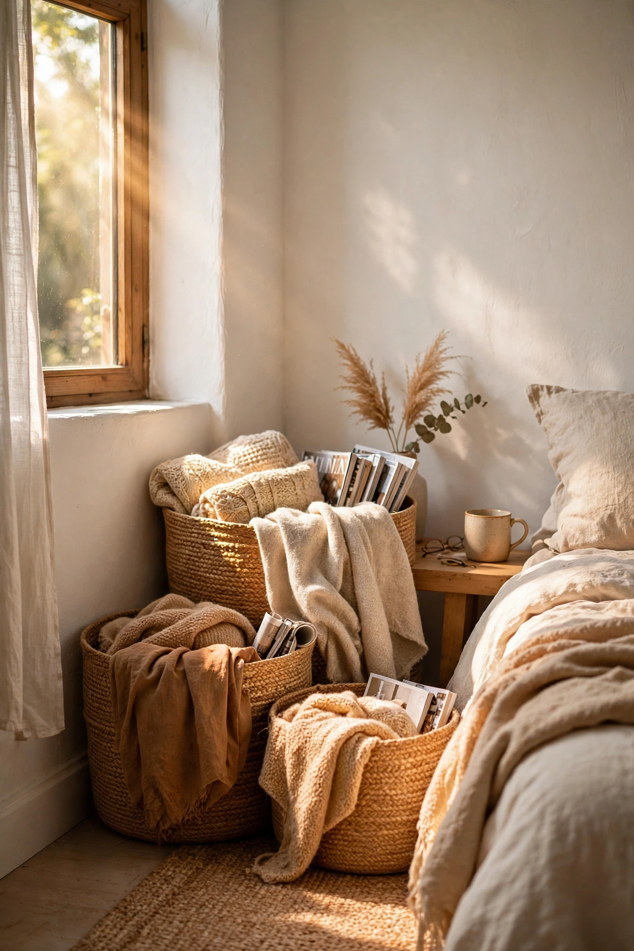 Graduated natural jute baskets storing throws in a warm white bedroom corner