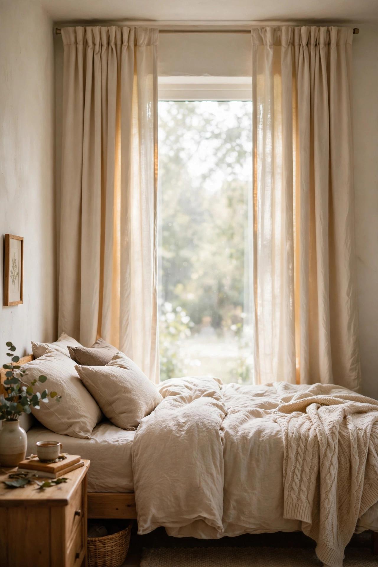 Cream blackout curtain panels hung high on a warm white bedroom window