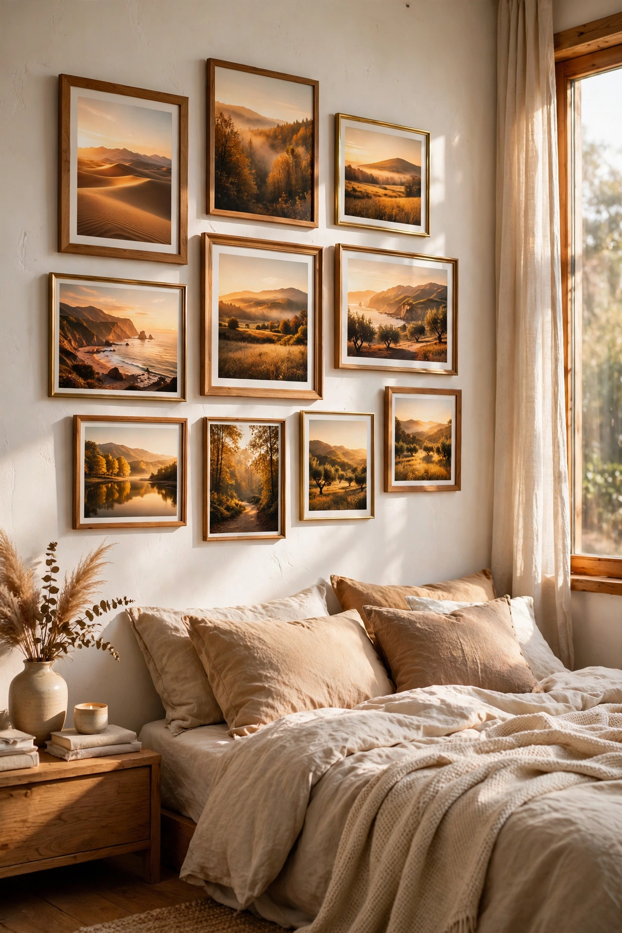 Gallery wall in honey wood and brass frames on a warm white bedroom wall