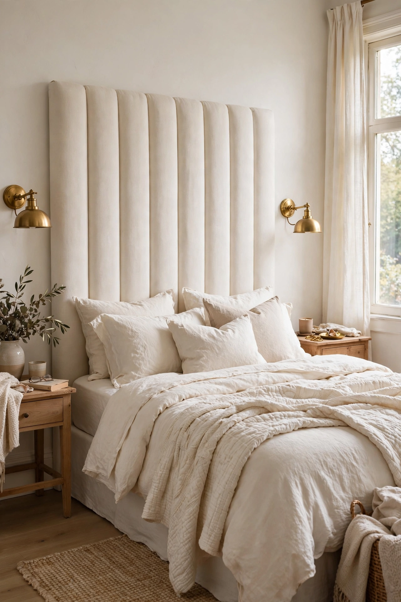 Cream upholstered headboard behind layered neutral bedding