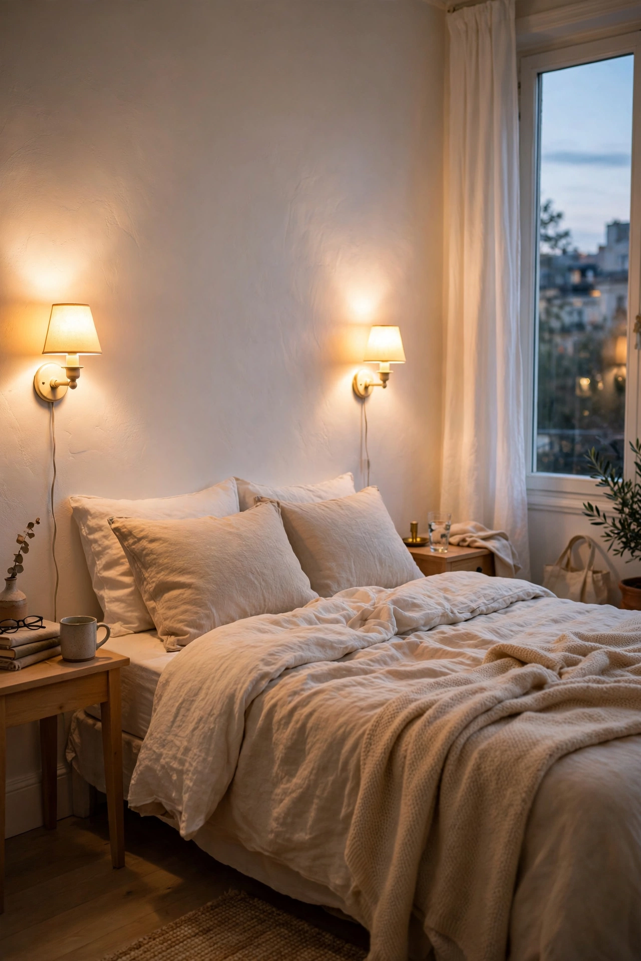 Plug-in cream wall sconces glowing beside a bed in a warm white bedroom
