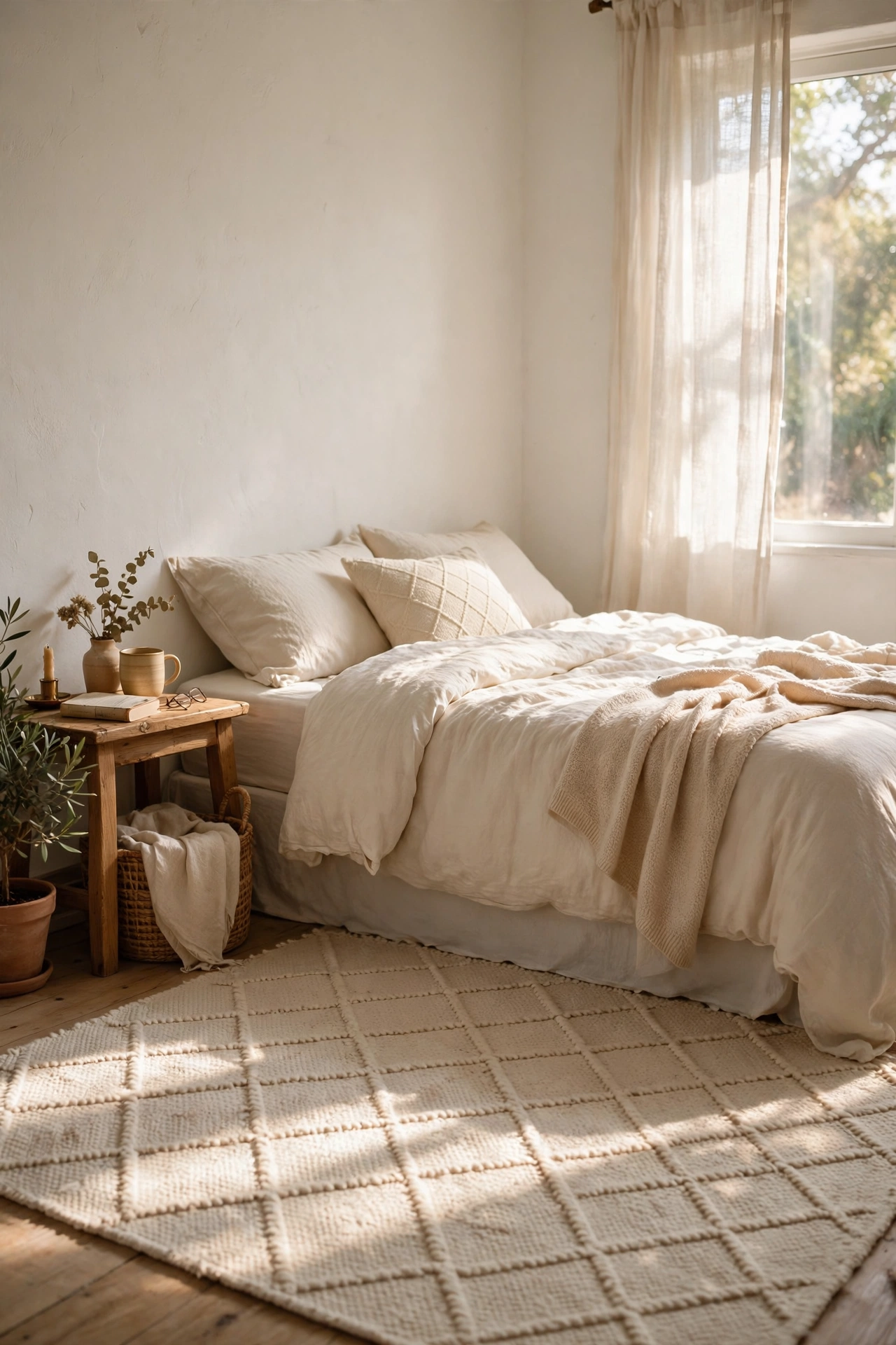 Textured ivory area rug with subtle pattern under a bed