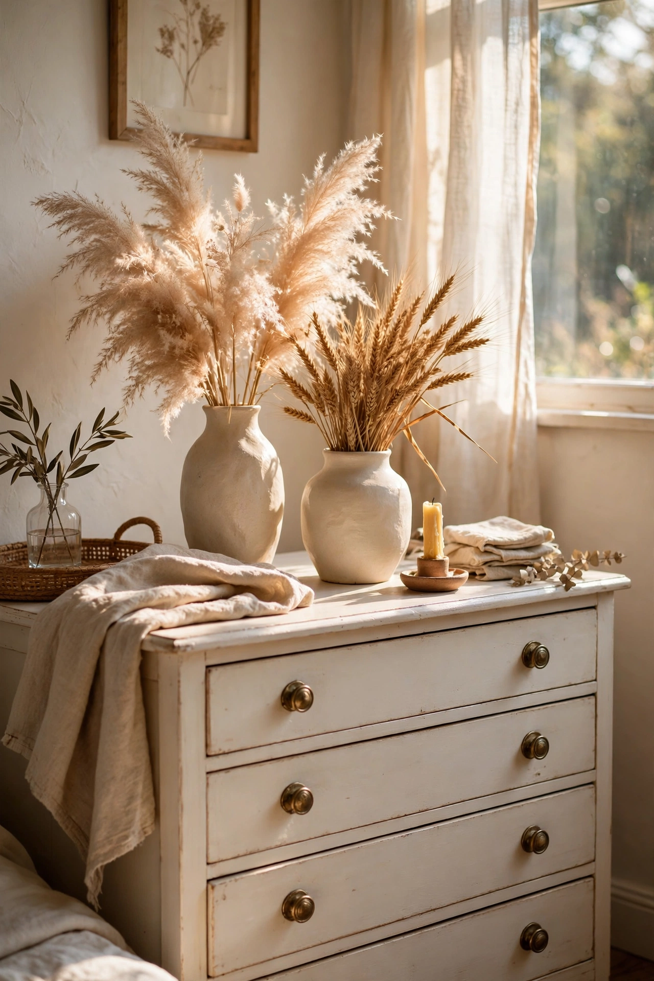 Dried pampas grass in cream vases on a bedroom dresser