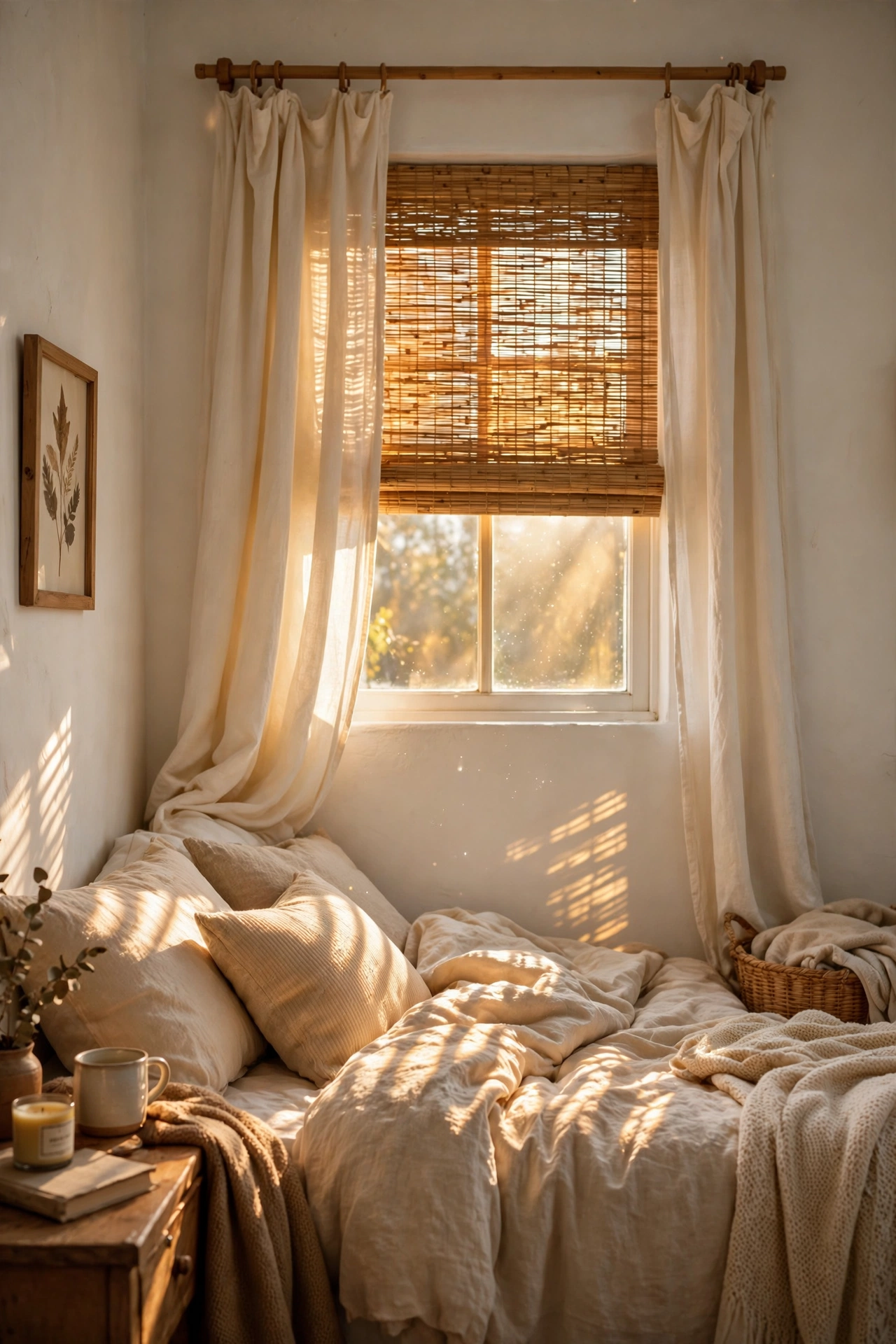 Woven bamboo shade layered under cream curtains on a bedroom window