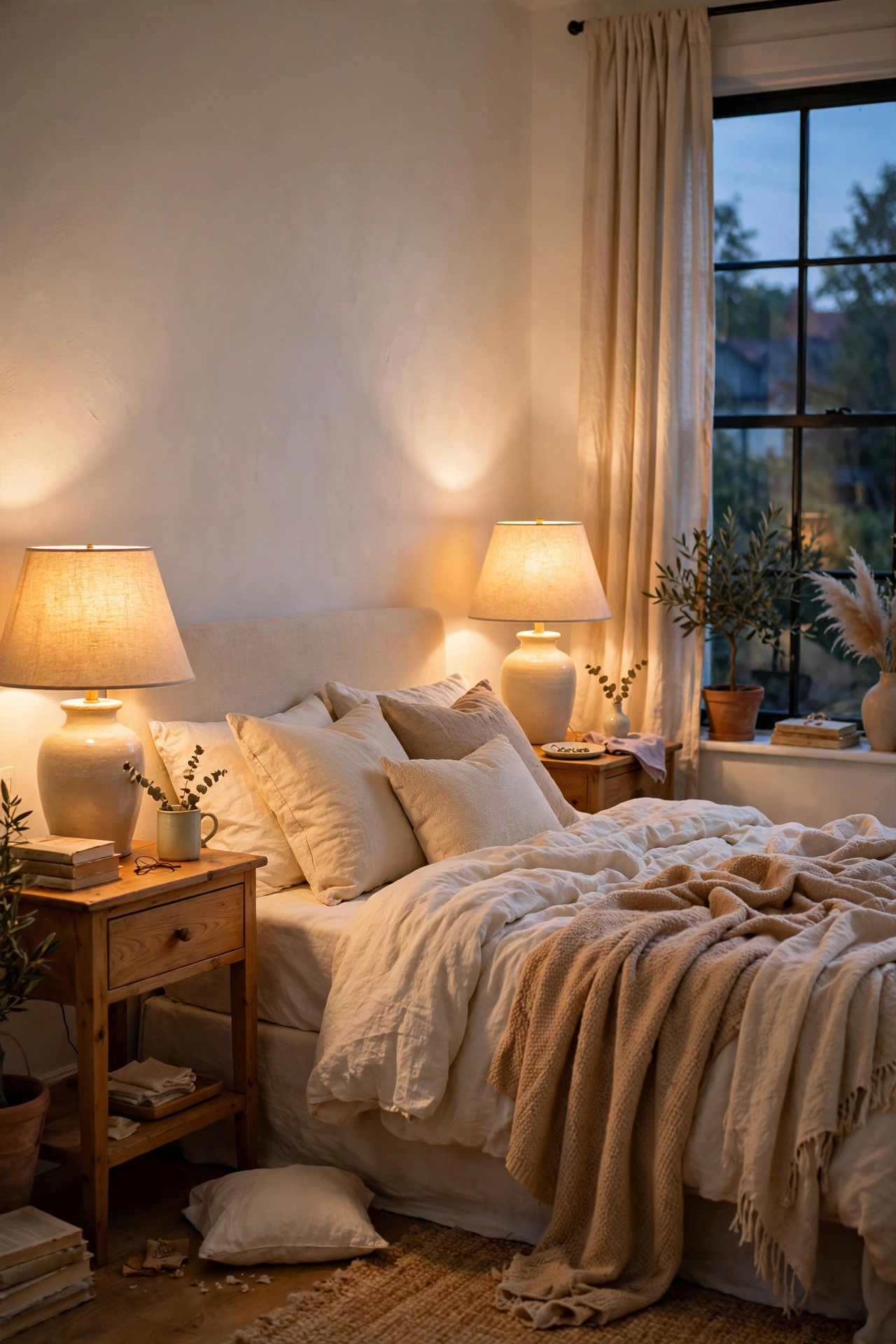 Cream ceramic table lamps with linen shades on honey wood nightstands
