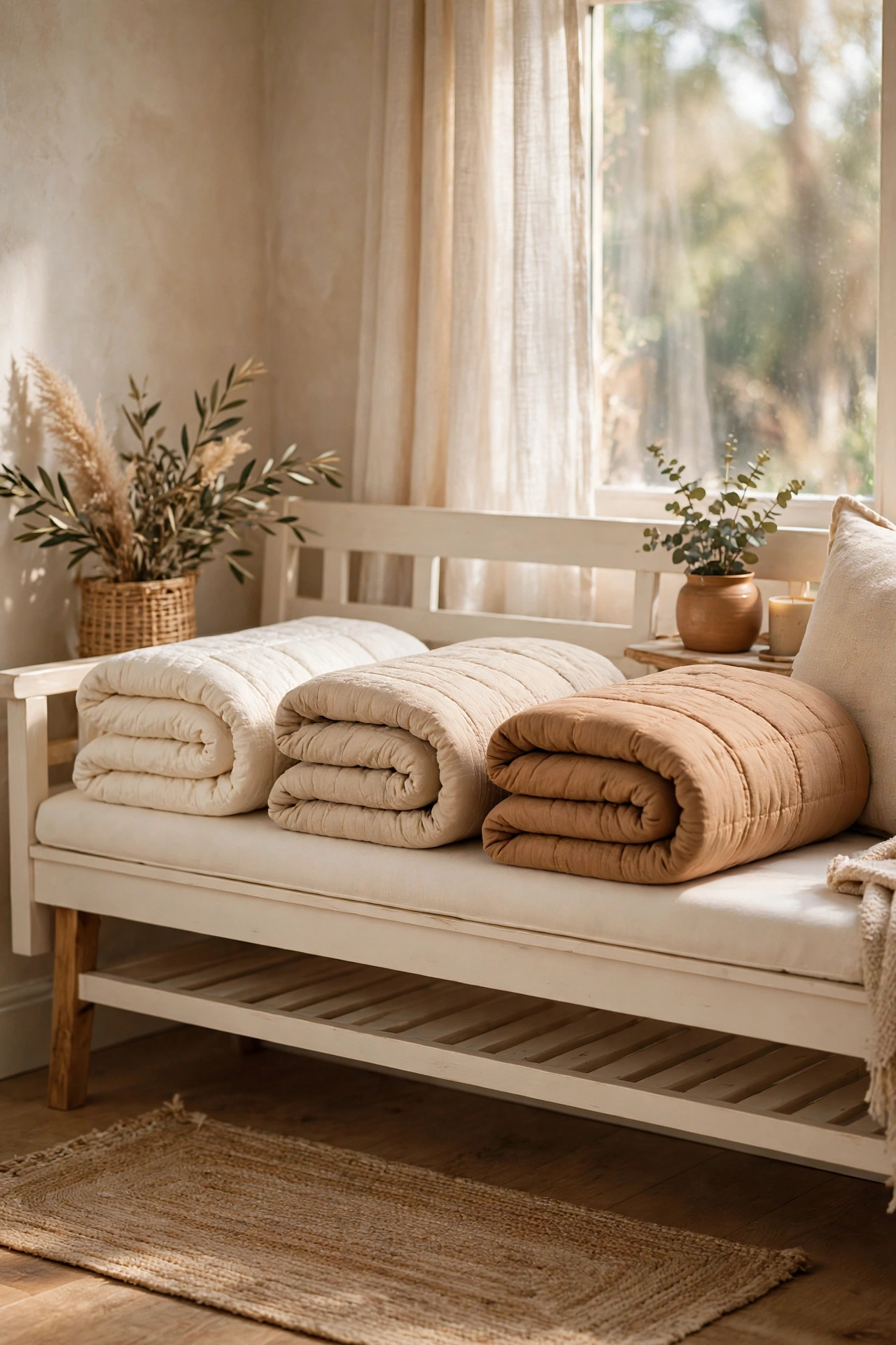 Folded quilts in cream, oat and caramel stacked on a bedroom bench