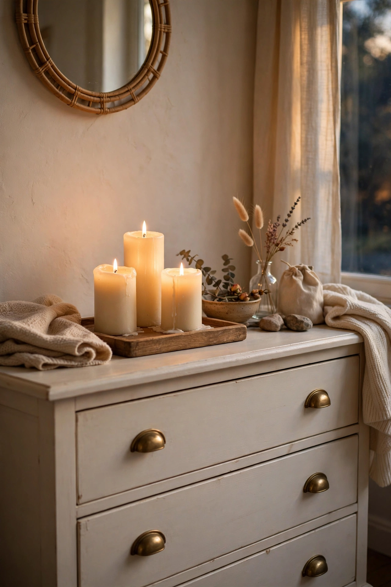 Cluster of vanilla pillar candles on a wooden tray on a dresser