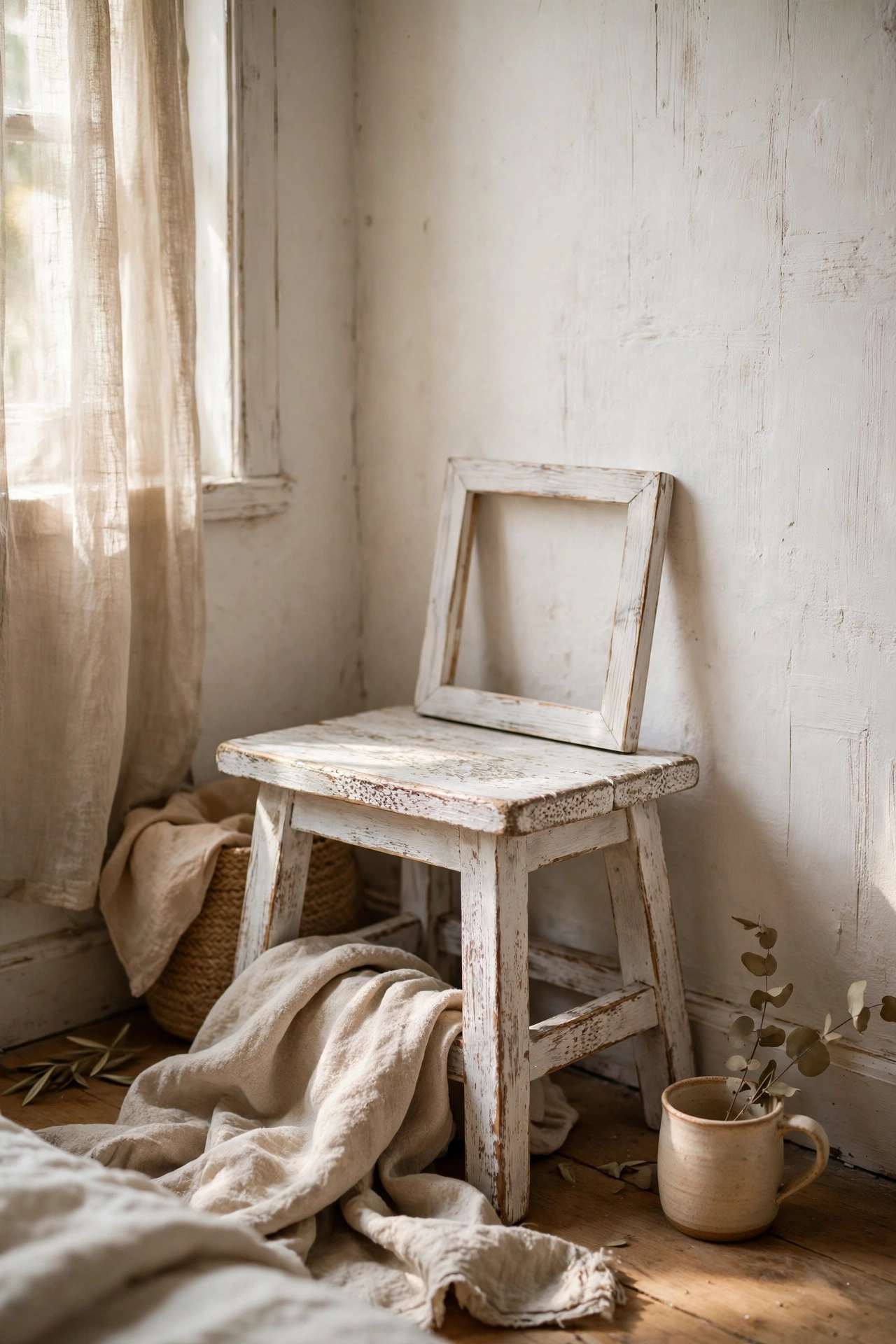 Whitewashed wooden stool and frame accents in a warm white bedroom