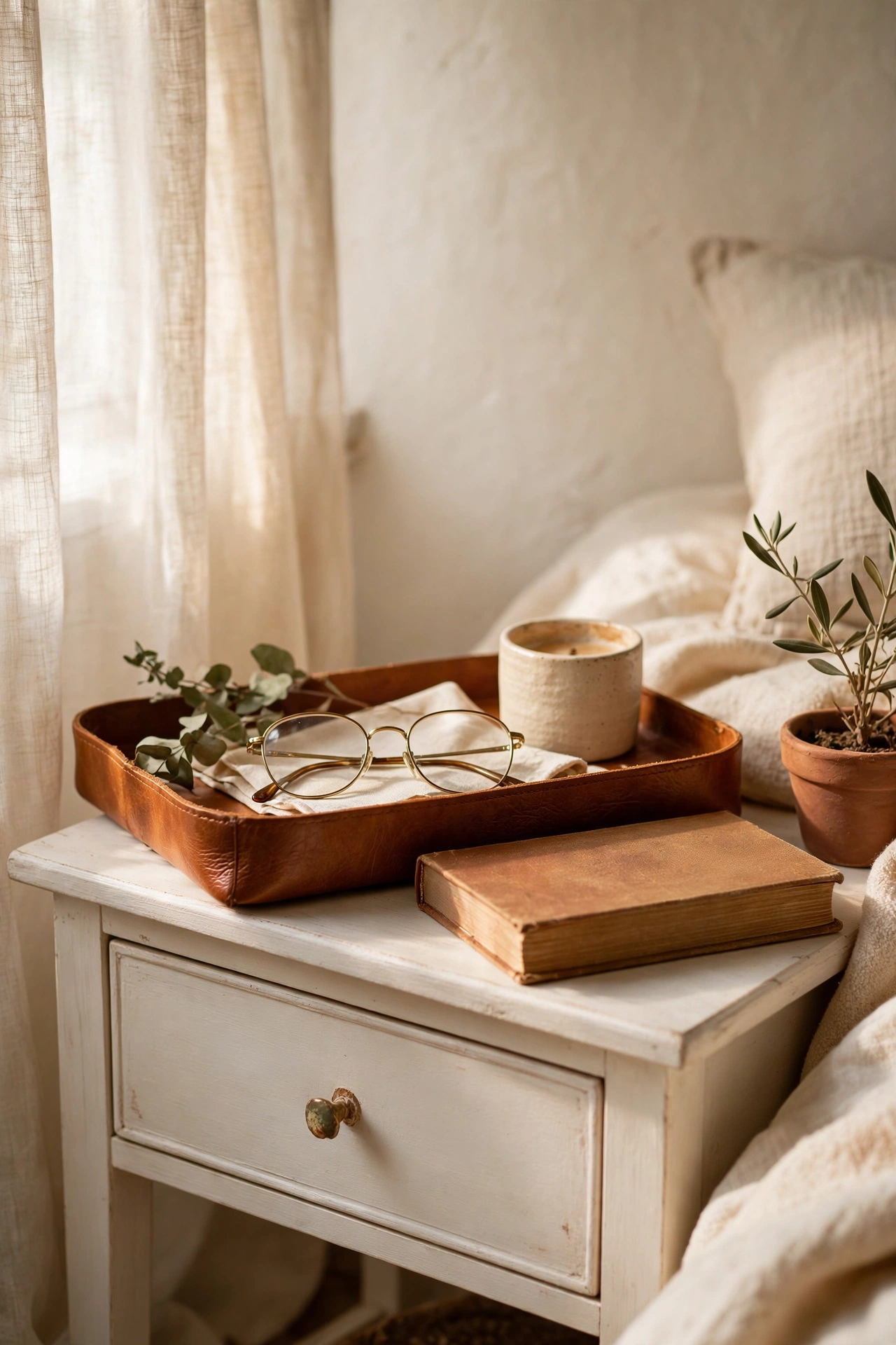 Caramel leather tray and journal accents in a warm white bedroom