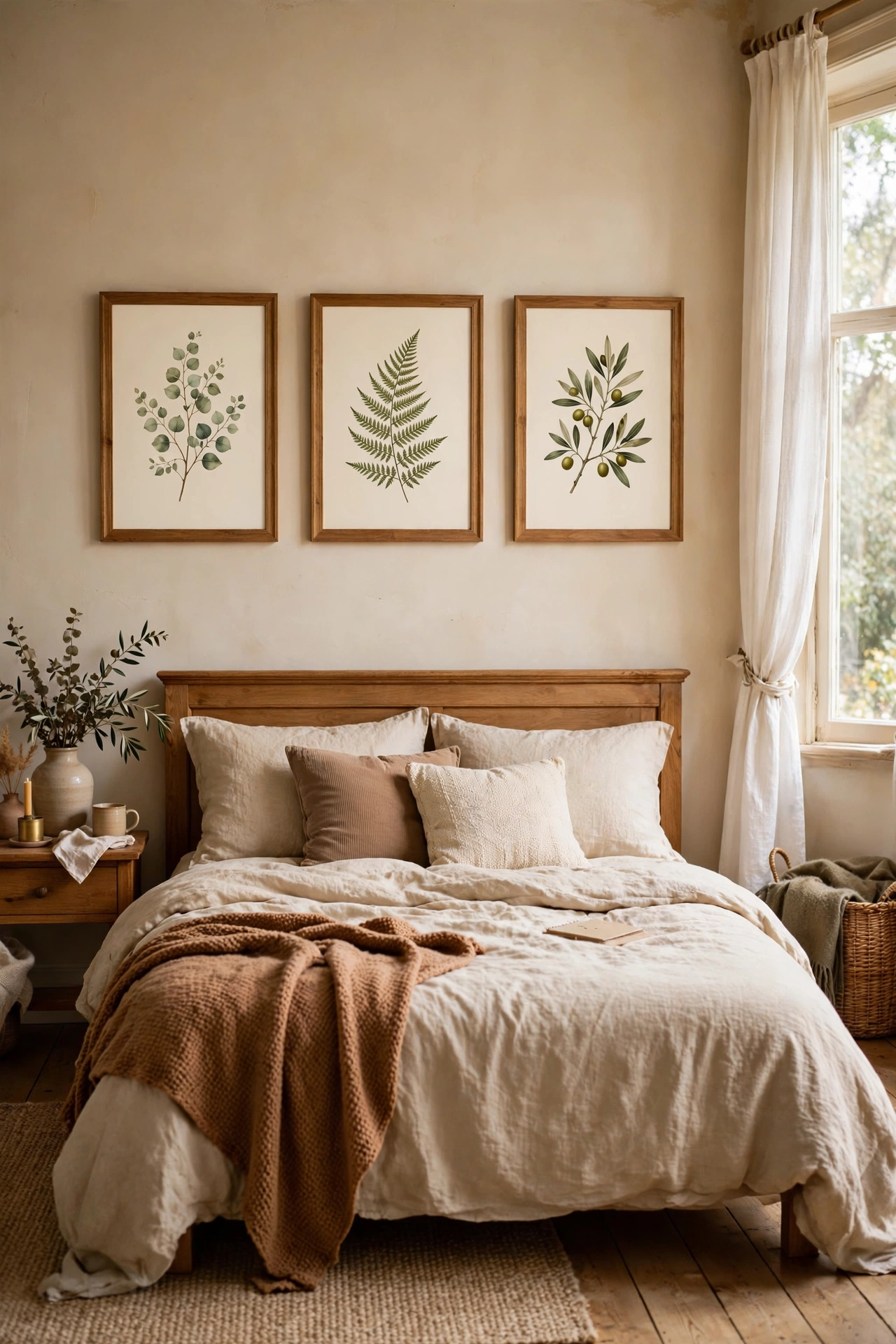 Three matching thrifted frames with botanical prints above a bed