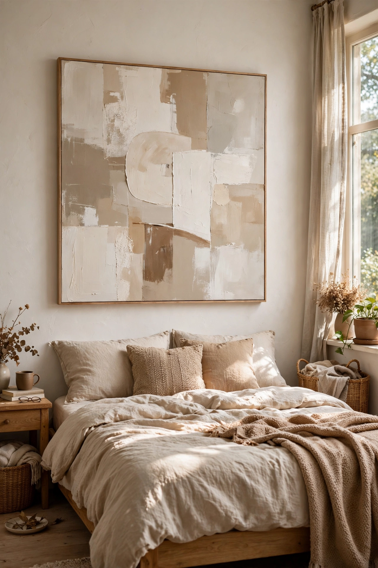 Large DIY abstract canvas painting centered above a bed