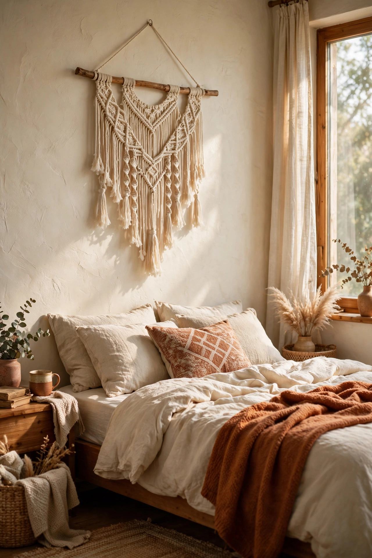Macrame woven wall hanging on a dowel above a bed