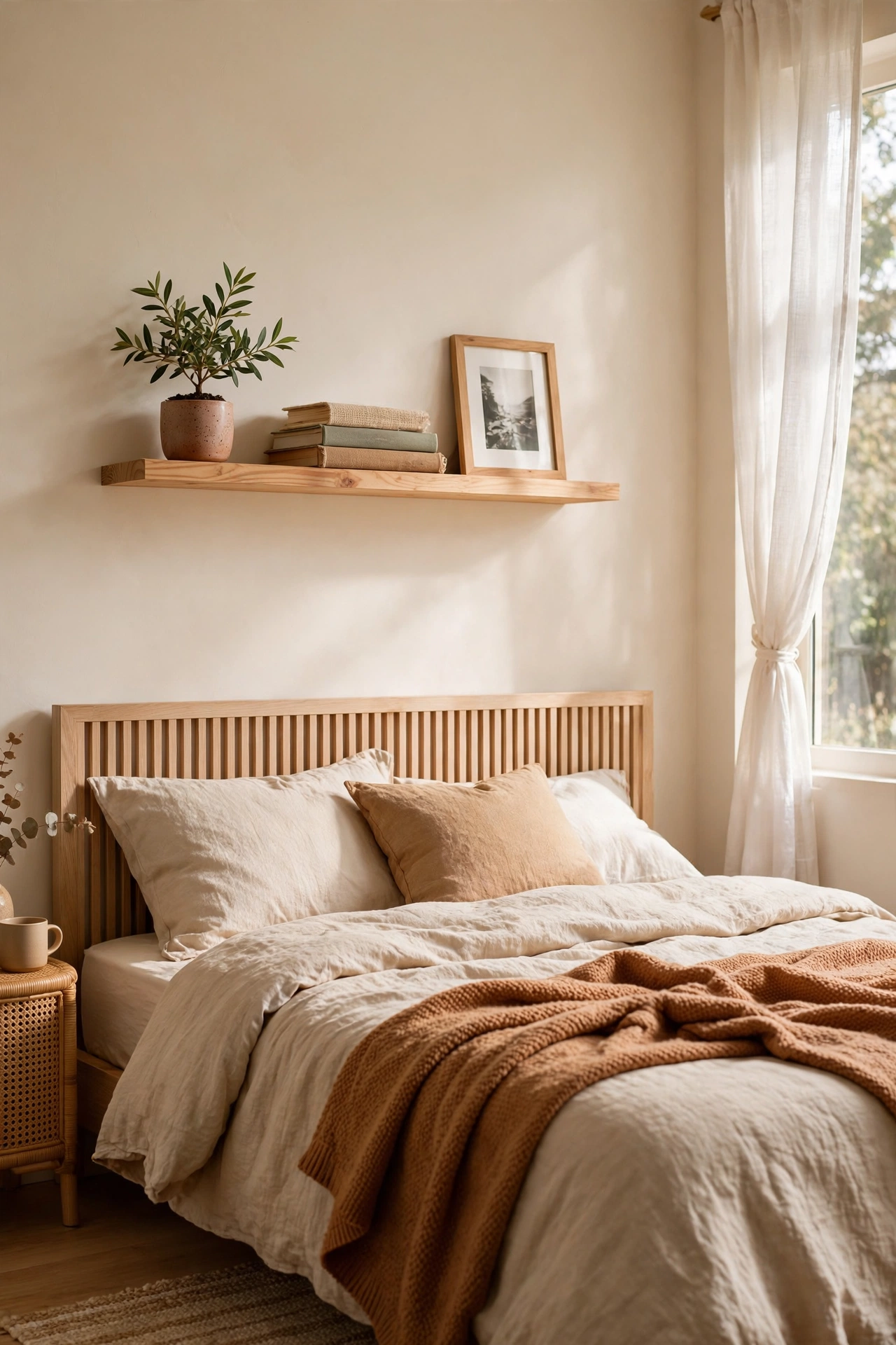 Floating pine shelf styled with books and a plant above a bed
