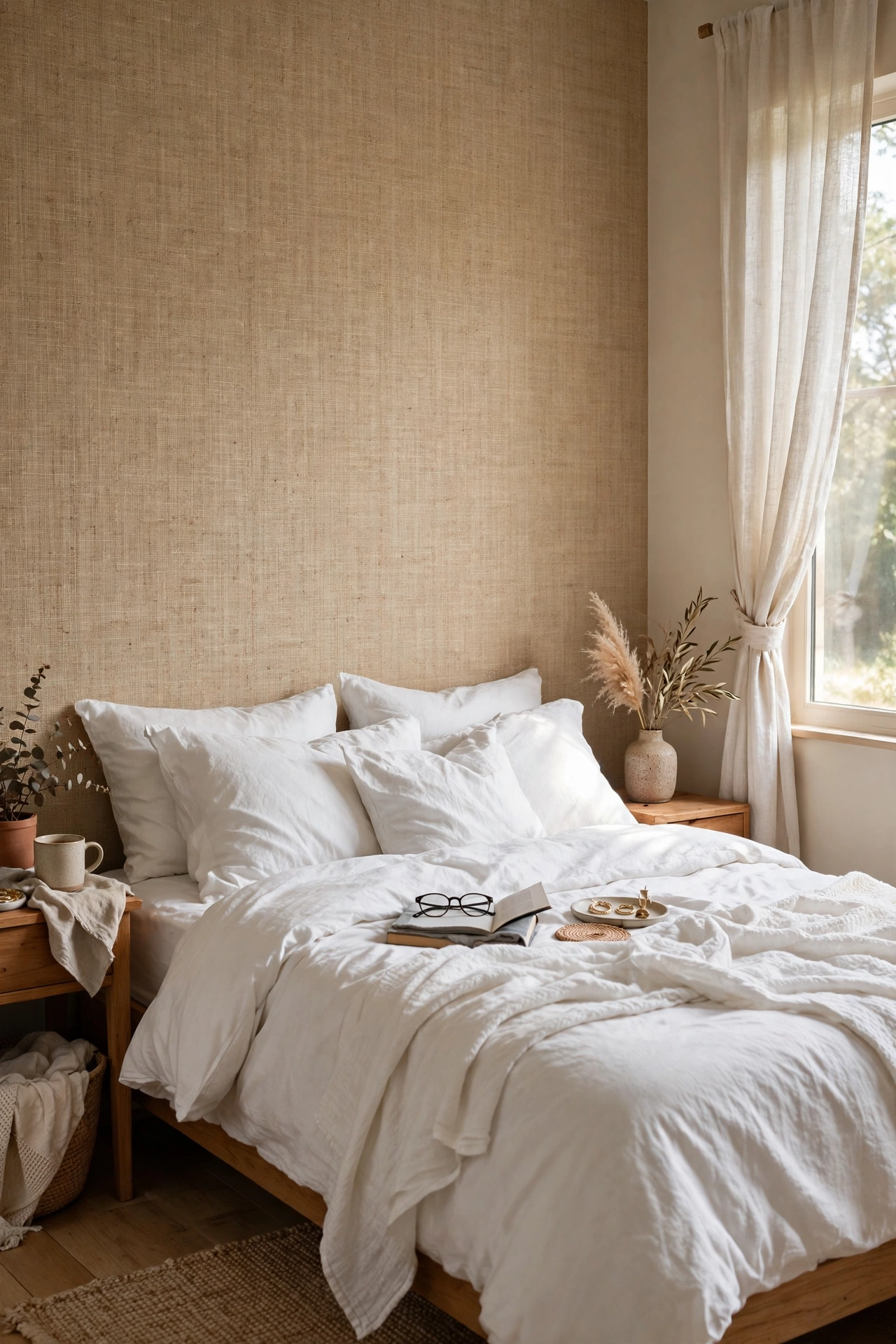 Peel-and-stick grasscloth wallpaper panel behind a bed