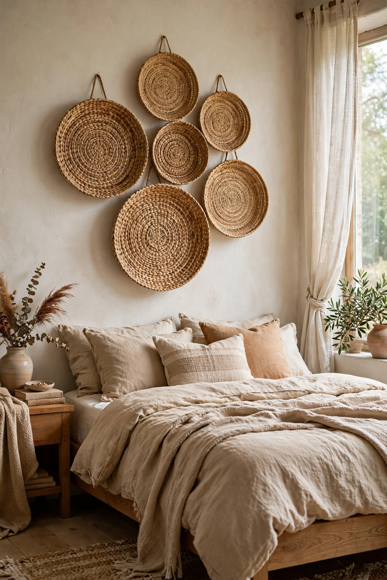 Organic cluster of flat woven baskets hung above a bed