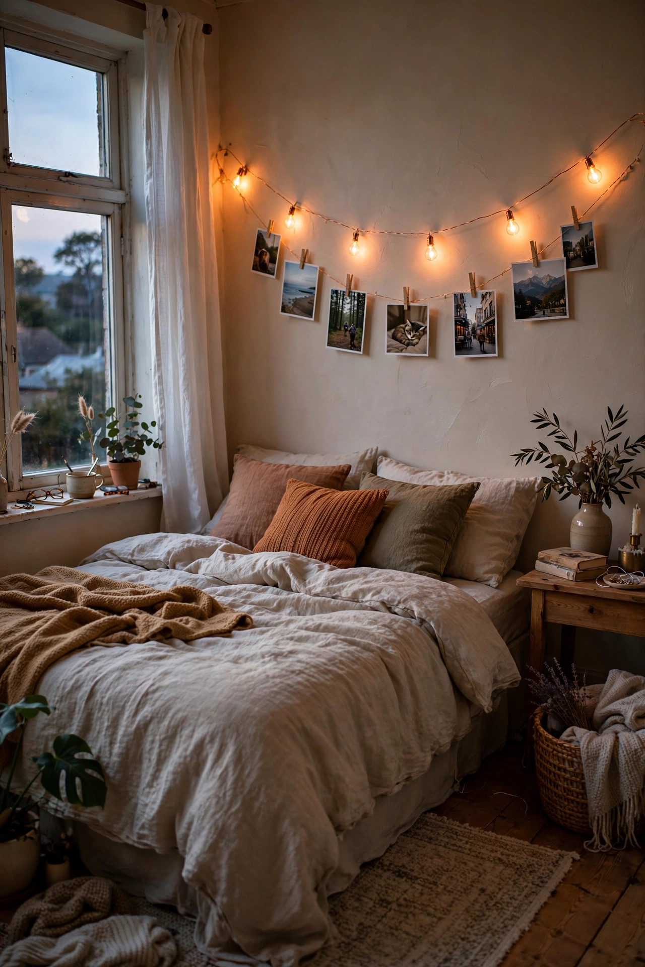 Copper string lights with clipped photos swagged above a bed