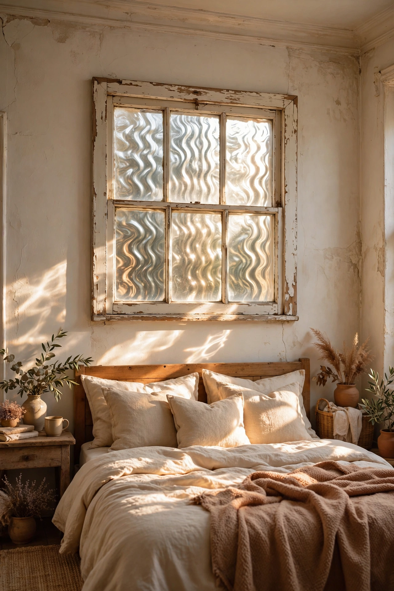 Chippy white vintage window frame hung as art above a bed