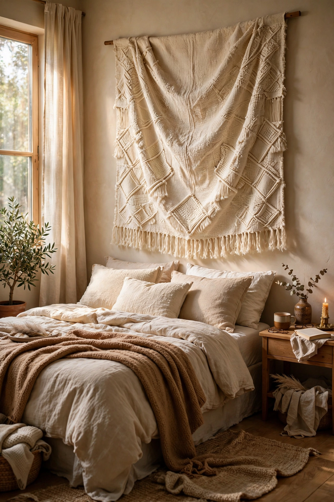 Cream textile tapestry hung from a rod above a bed