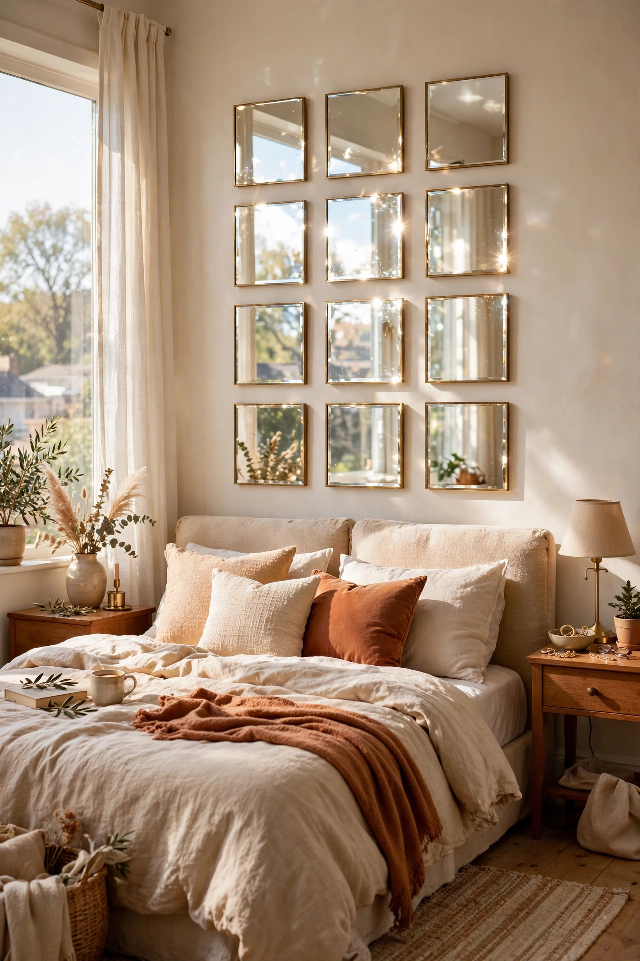 Tight grid of small square mirror tiles above a bed