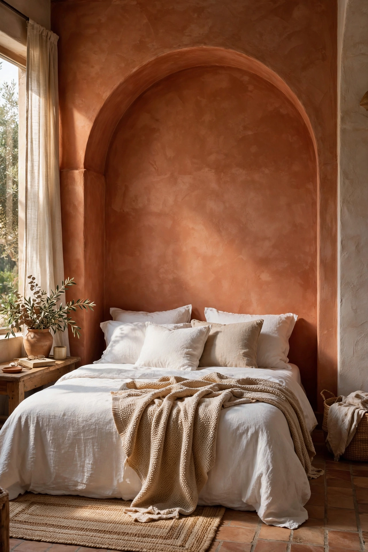 Terracotta painted arch framing a bed on a bedroom wall