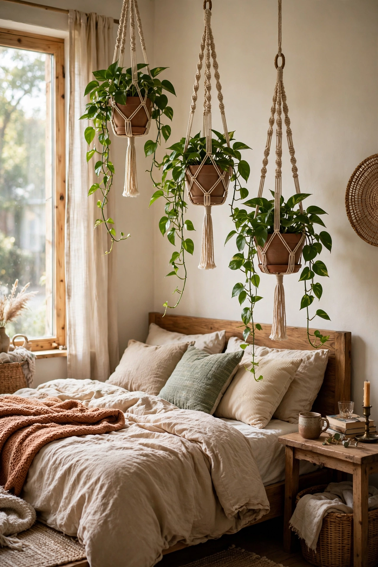 Three macrame hanging plants at varied heights above a bed