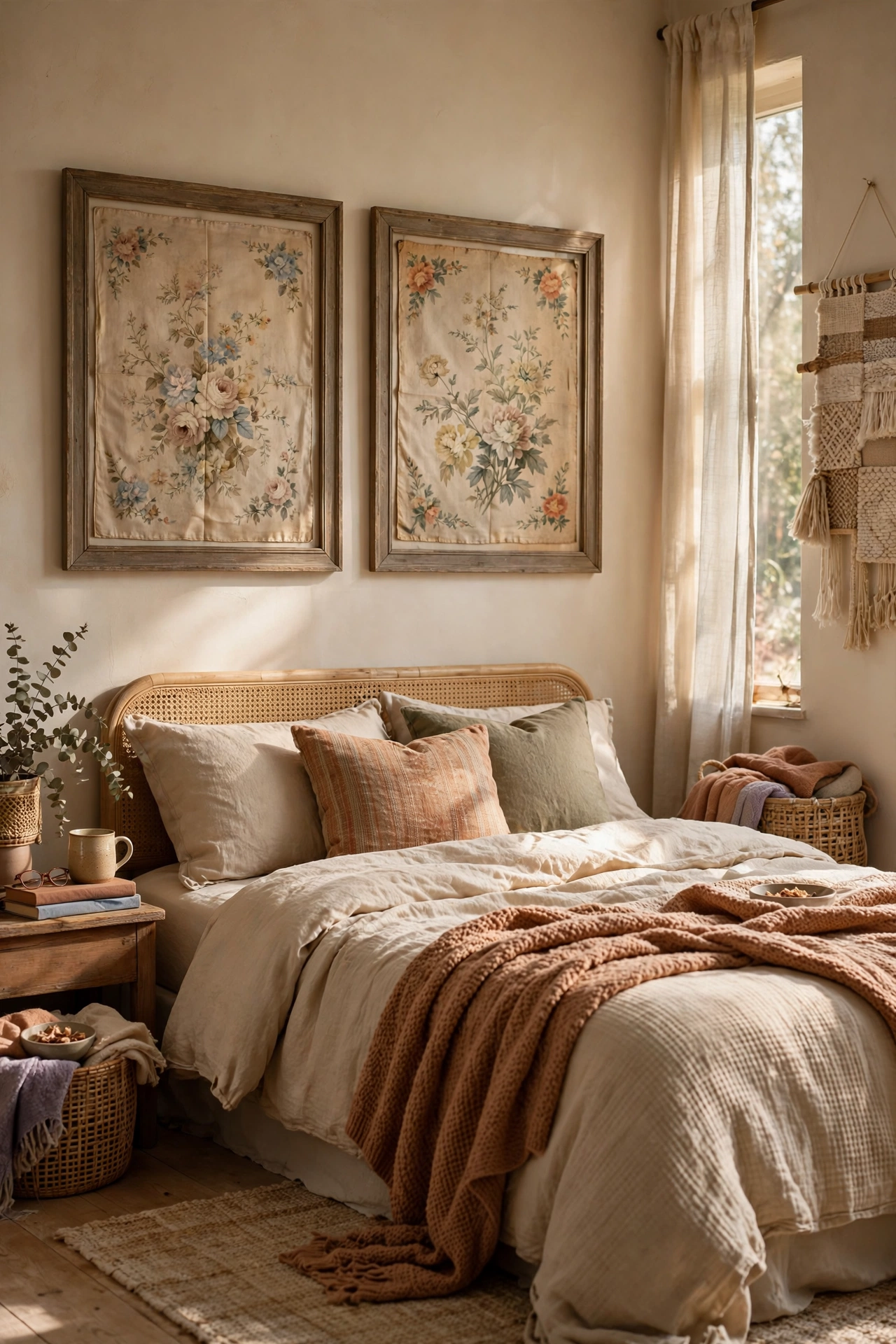 Vintage silk scarves framed as art above a bed
