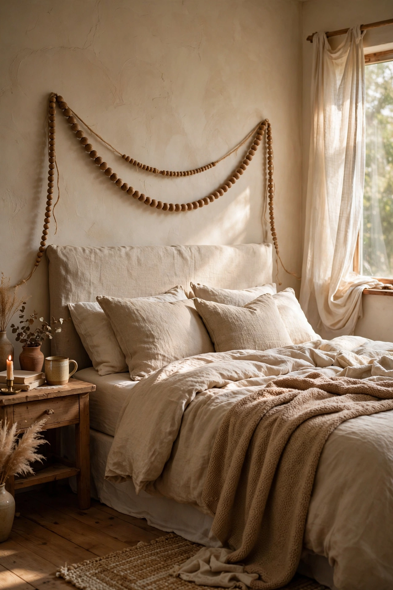 Wooden bead garland swagged loosely above a headboard
