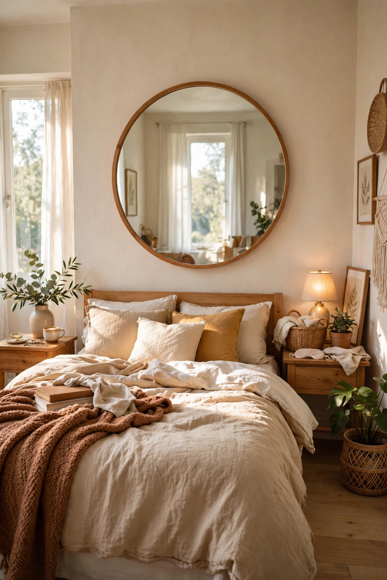 Large round mirror centered above a bed reflecting the bedroom