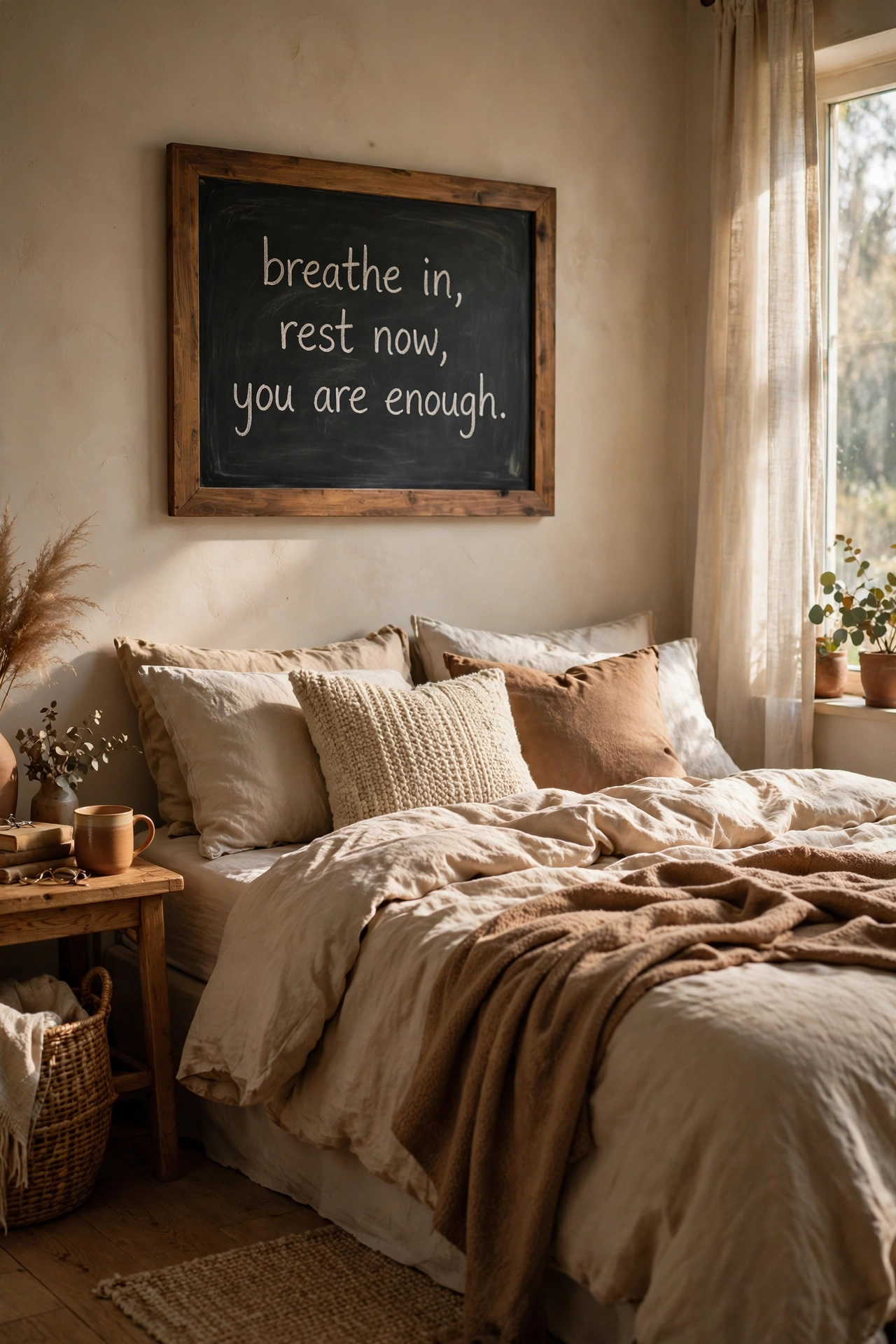 Framed chalkboard with a handwritten quote above a bed