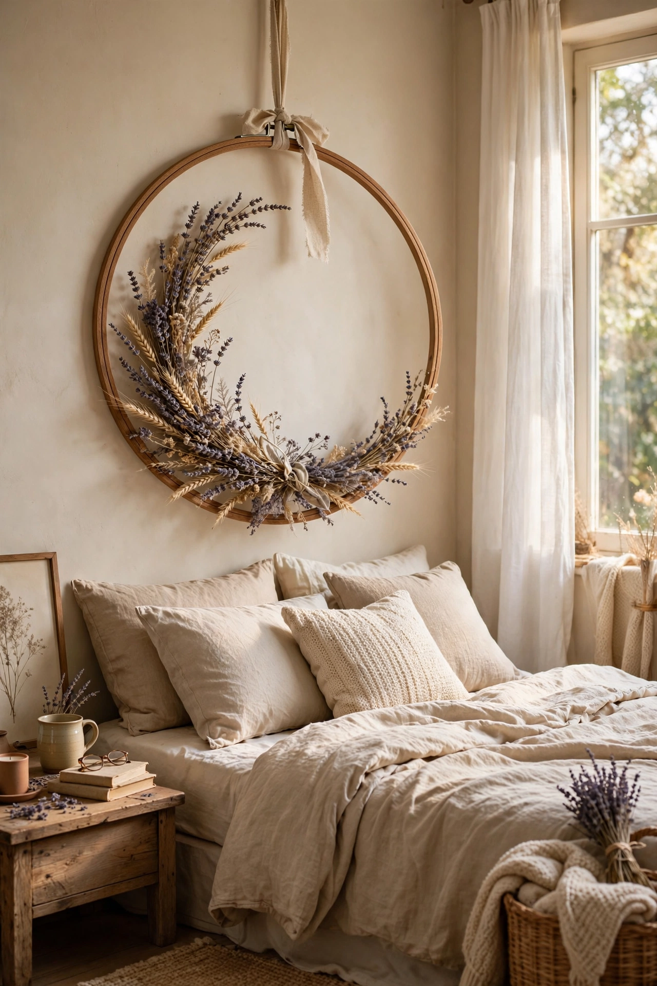 Embroidery hoop with dried flowers hung above a bed
