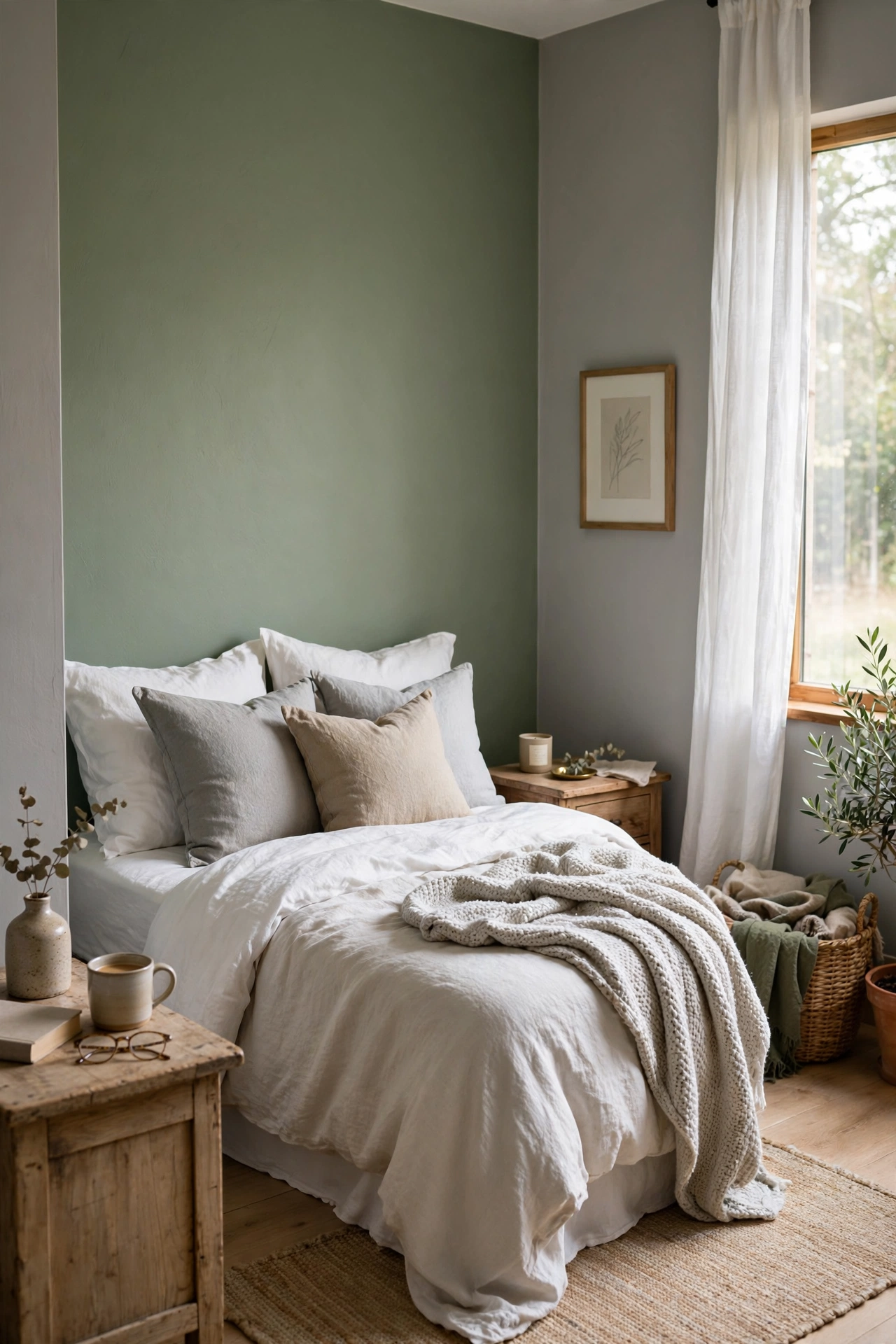 Bedroom with a sage green accent wall behind a white bed