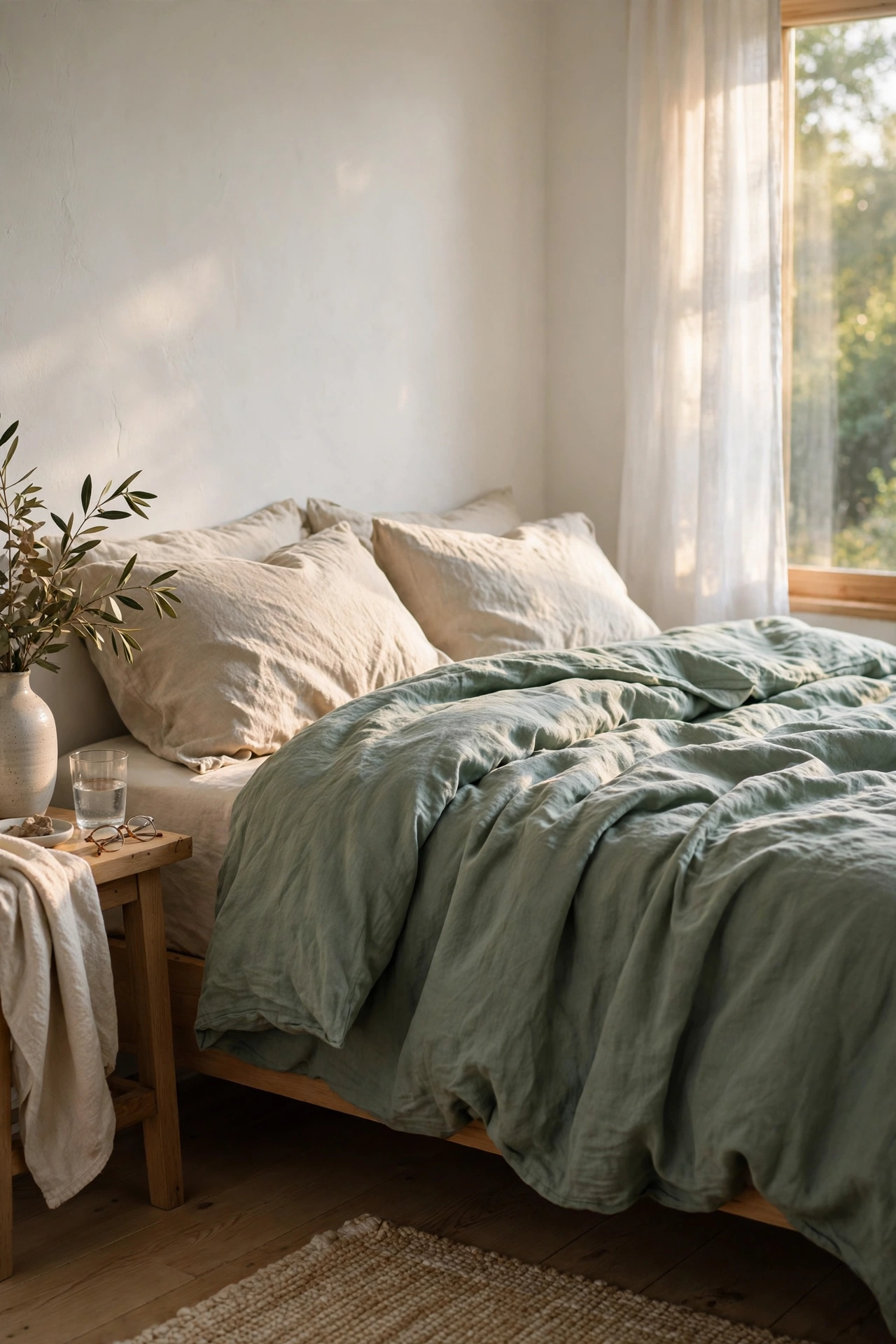 Sage green linen-look duvet cover on a bed in a calm bedroom