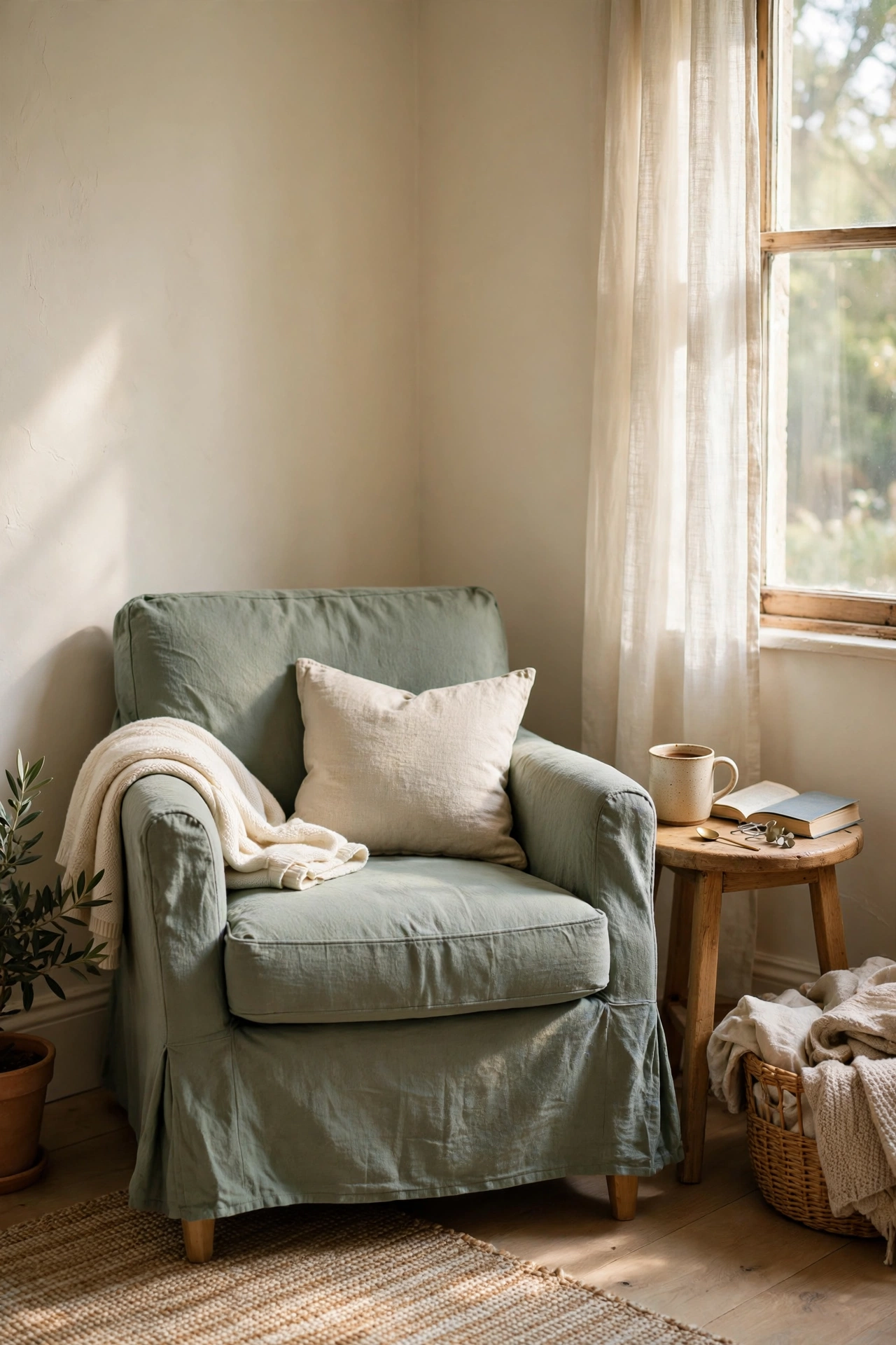 Sage slipcovered armchair in a bedroom reading corner