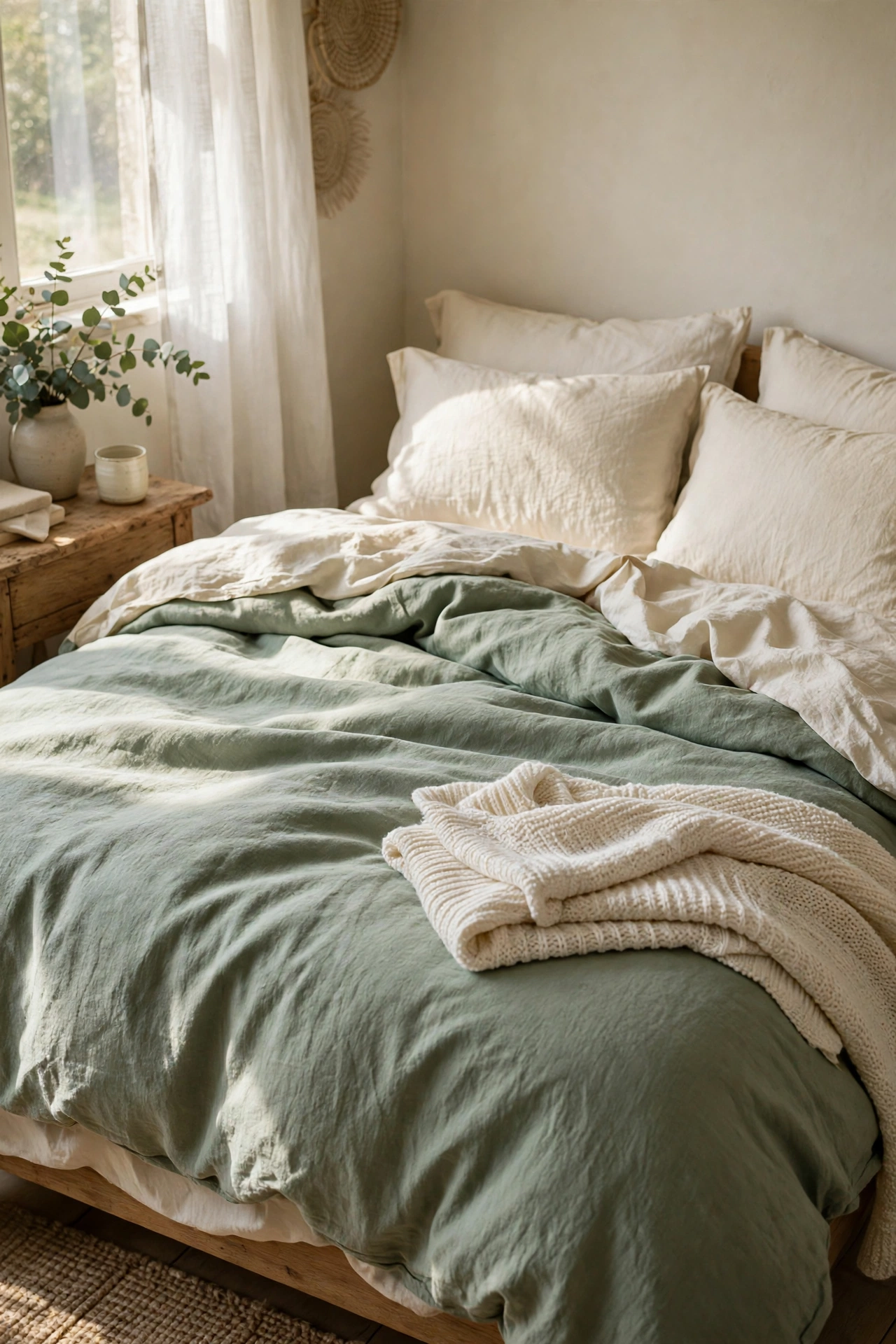 Bed with sage duvet layered with cream sheets and ivory throw