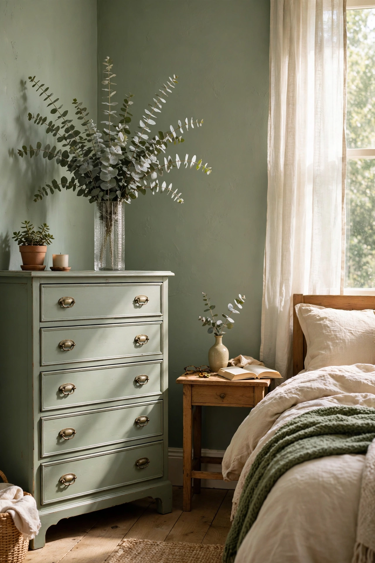 Eucalyptus stems in vases echoing sage green bedroom walls