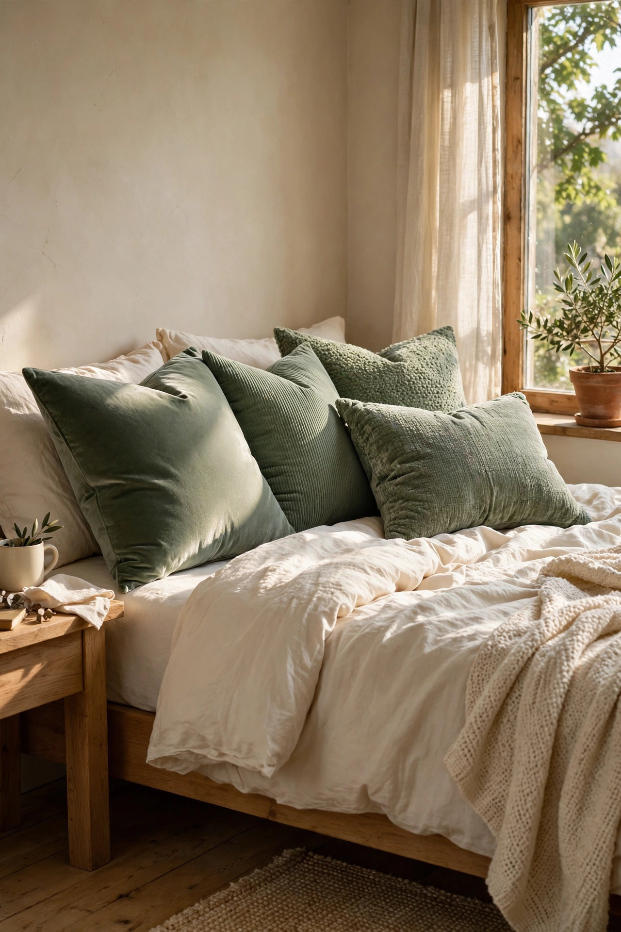 Sage velvet throw pillows in mixed textures on a bed