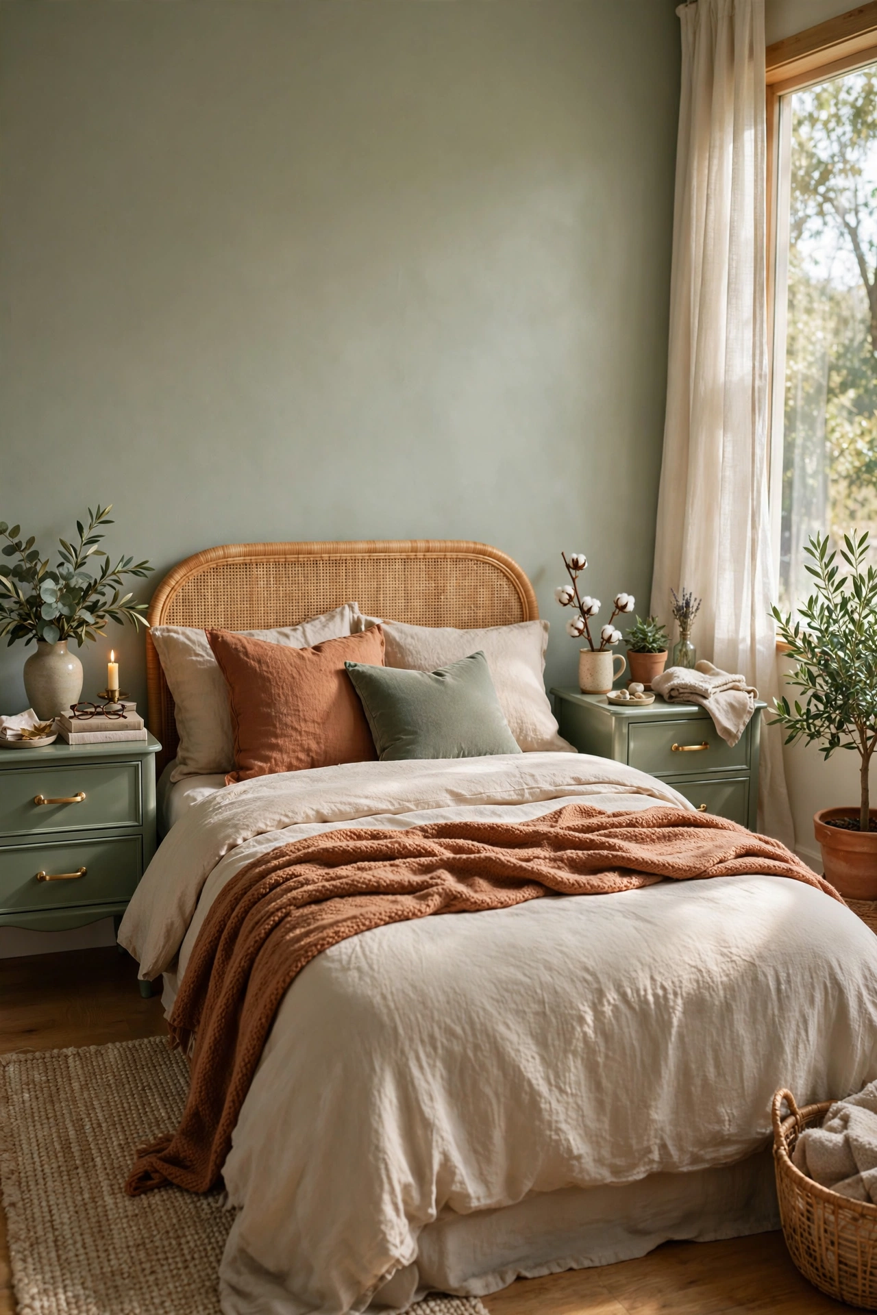 Nightstands painted sage green in satin finish beside a bed