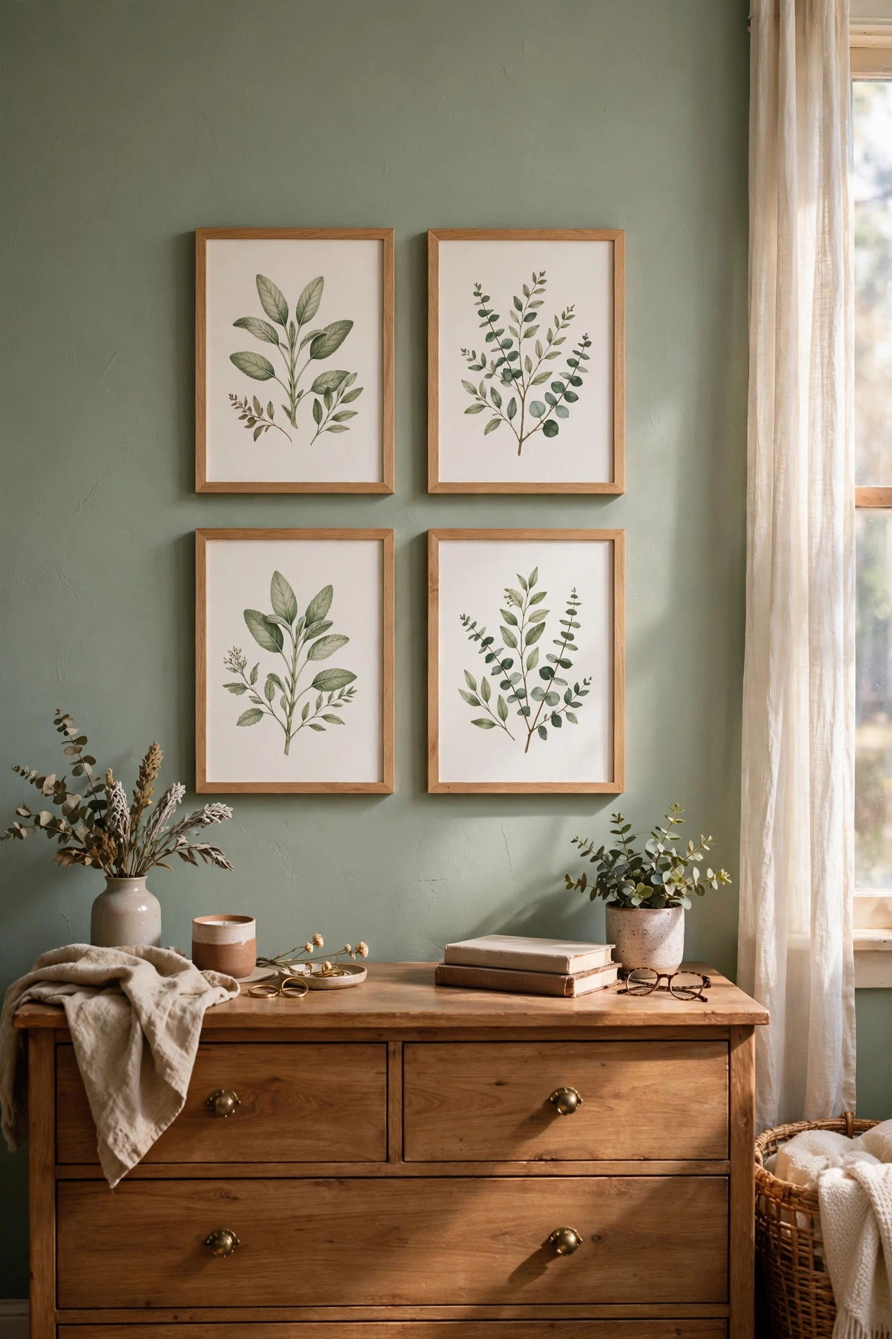 Grid of sage botanical prints in matching frames above a dresser