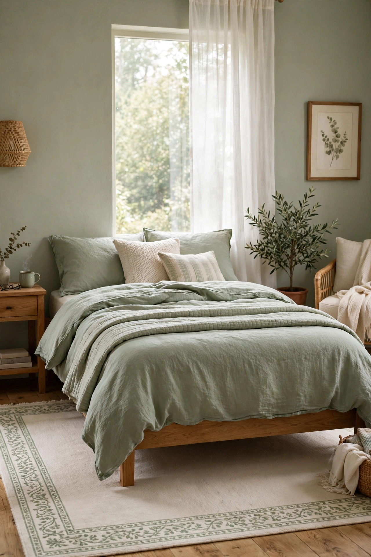 Cream area rug with subtle sage pattern under a bed
