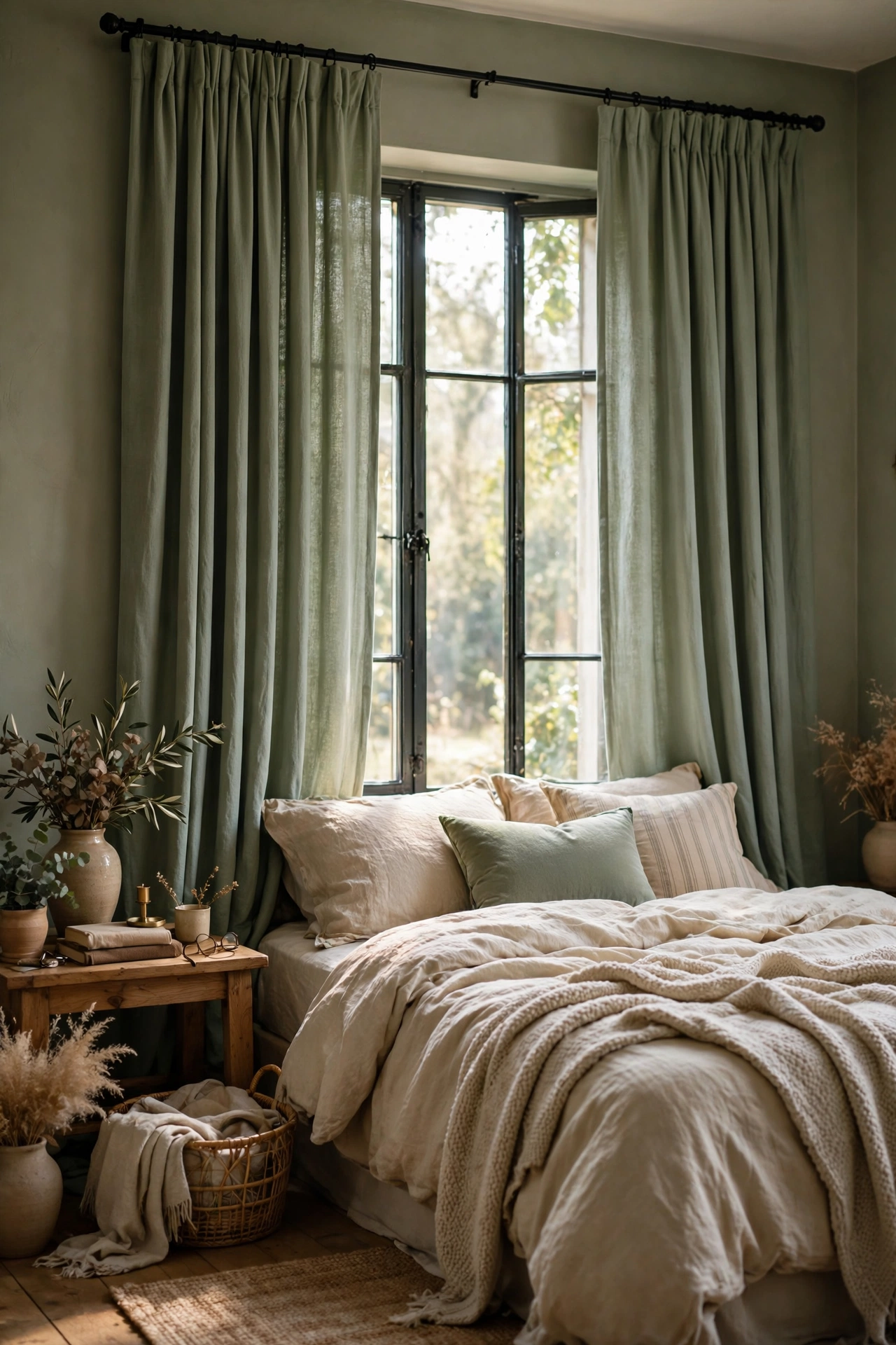 Sage green curtain panels hung high on a bedroom window
