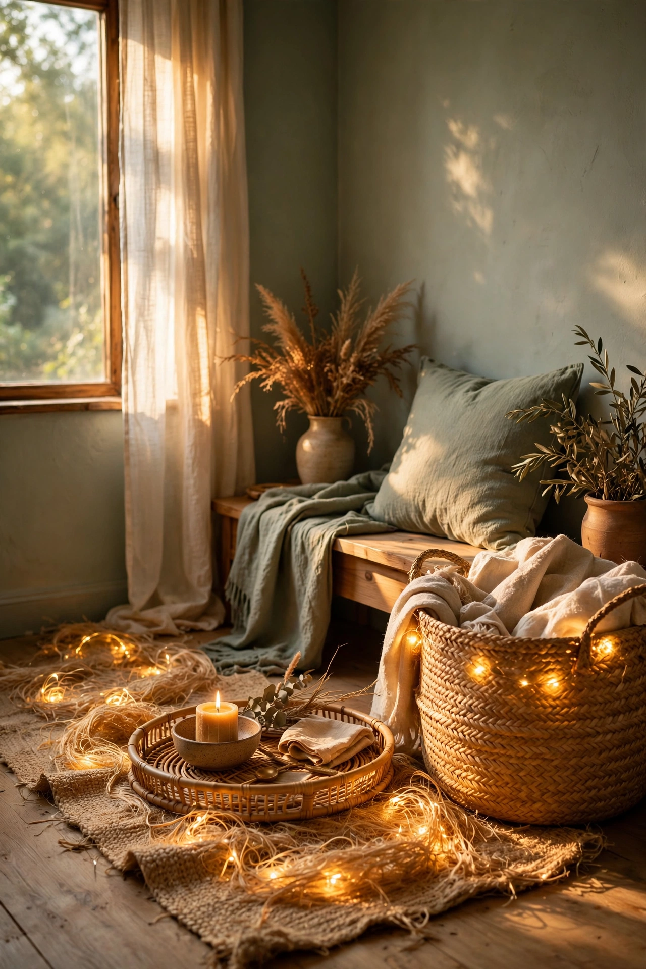 Jute, rattan and seagrass textures warming a sage green bedroom