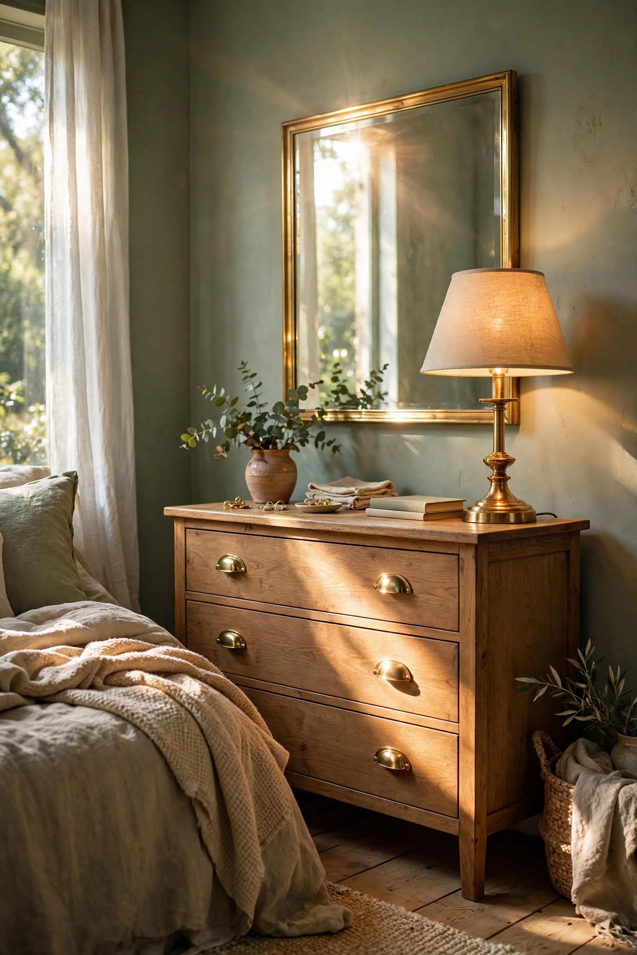 Brass lamp, mirror and pulls glowing against sage bedroom walls