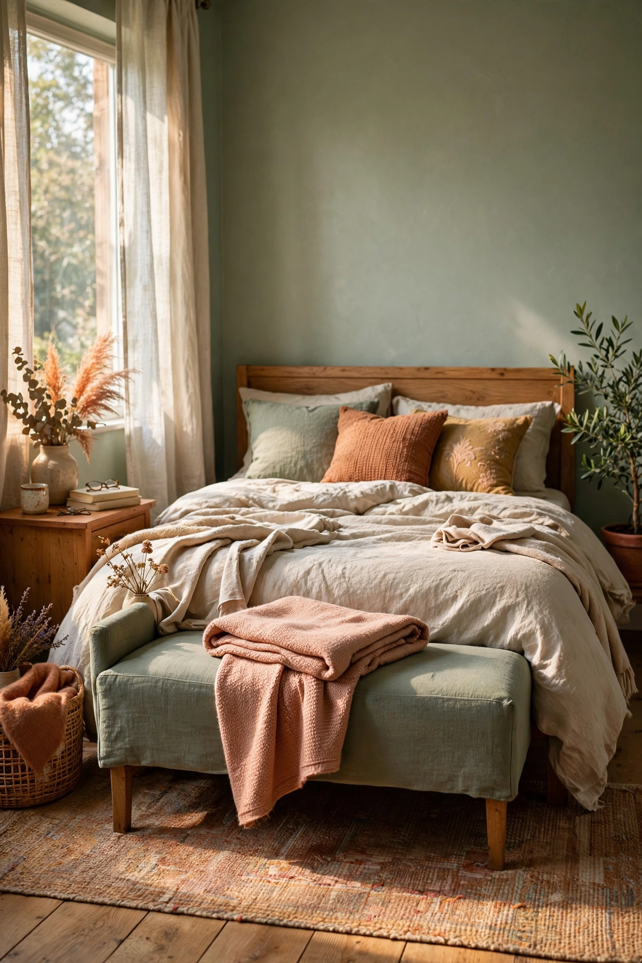 Bench re-covered in sage fabric at the foot of a bed