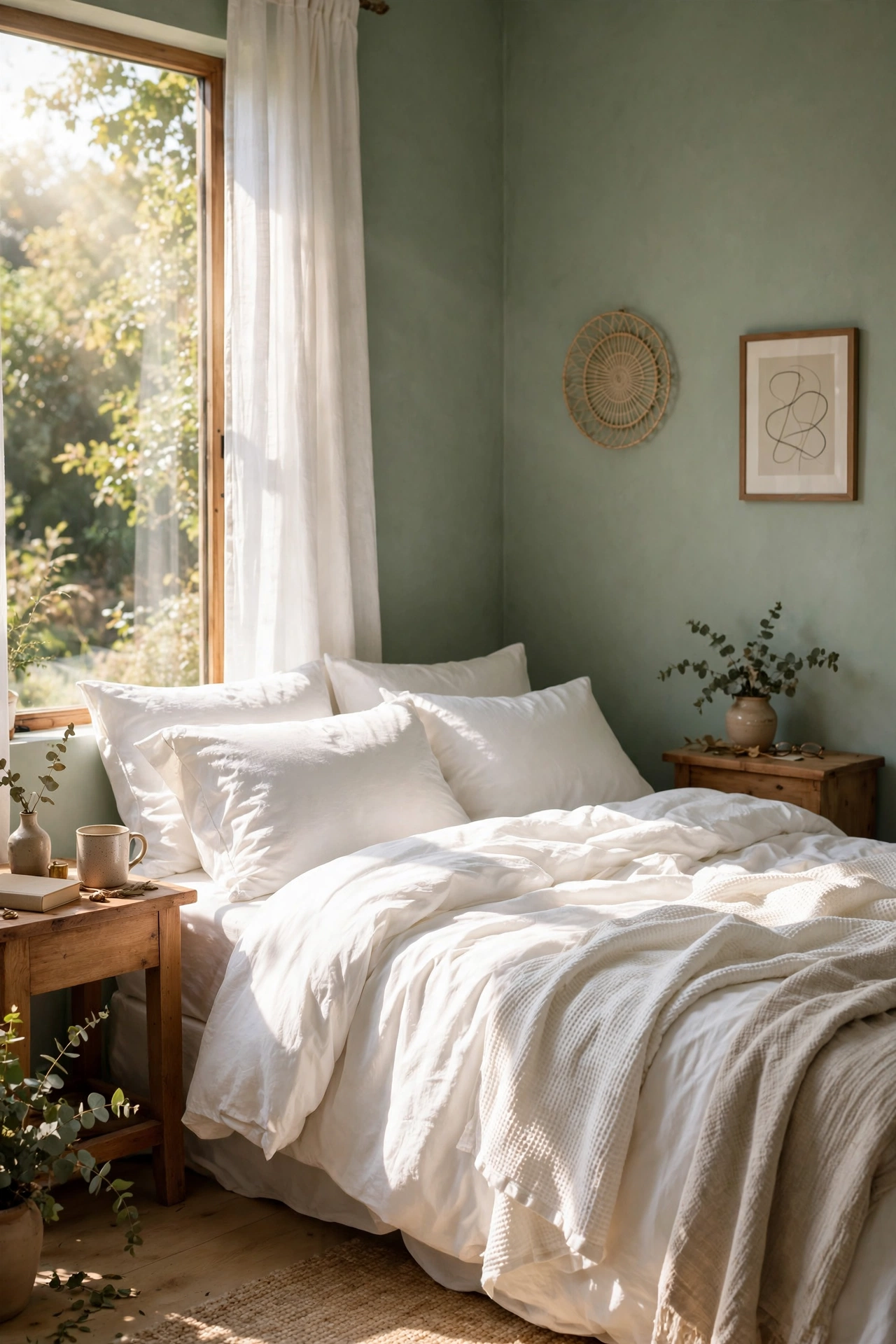 Crisp white bedding contrasting with sage green bedroom walls
